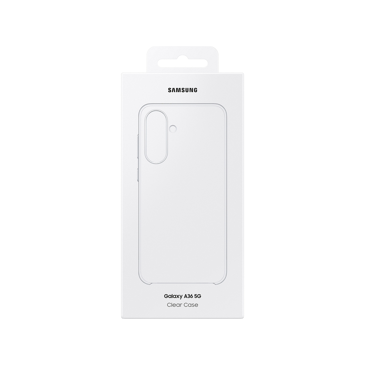 Una scatola bianca con una custodia trasparente per telefono Samsung. La scatola mostra il contorno e il logo Samsung.