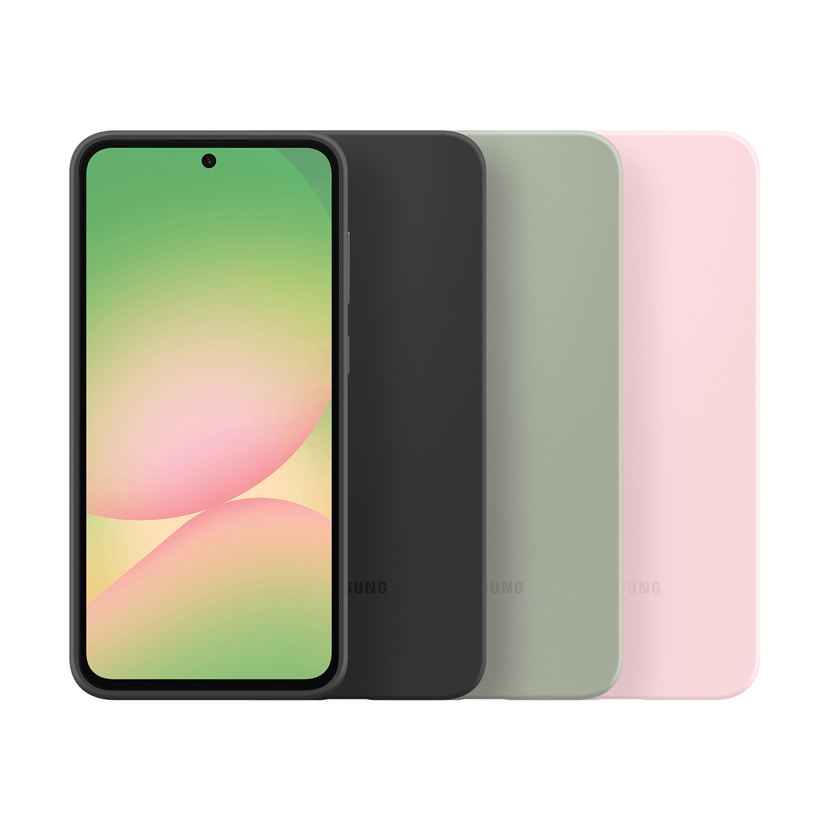 Uno smartphone con schermo colorato accanto a tre custodie nere, grigie, verdi e rosa.