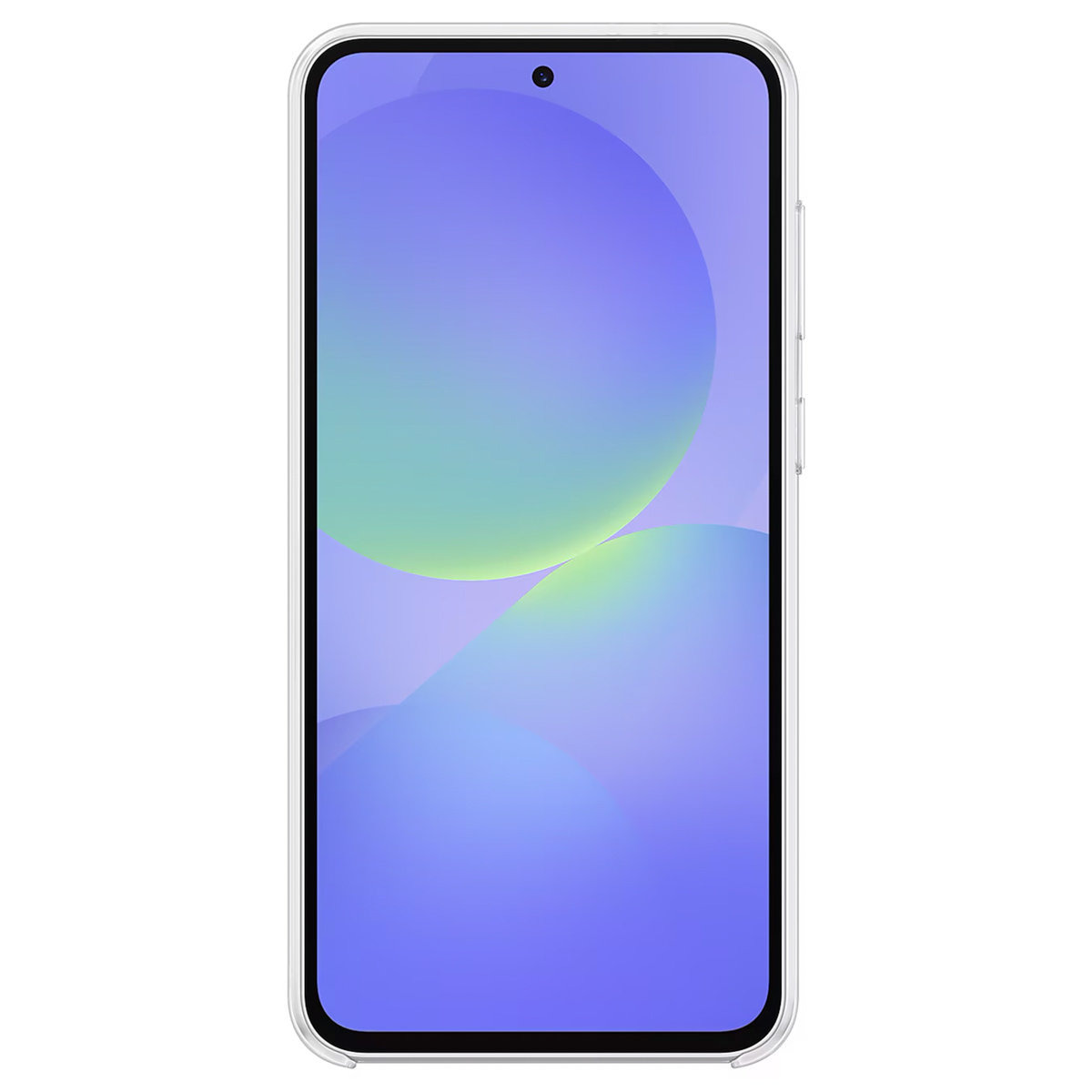 Uno smartphone con custodia trasparente e sfondo sfumato blu sullo schermo.