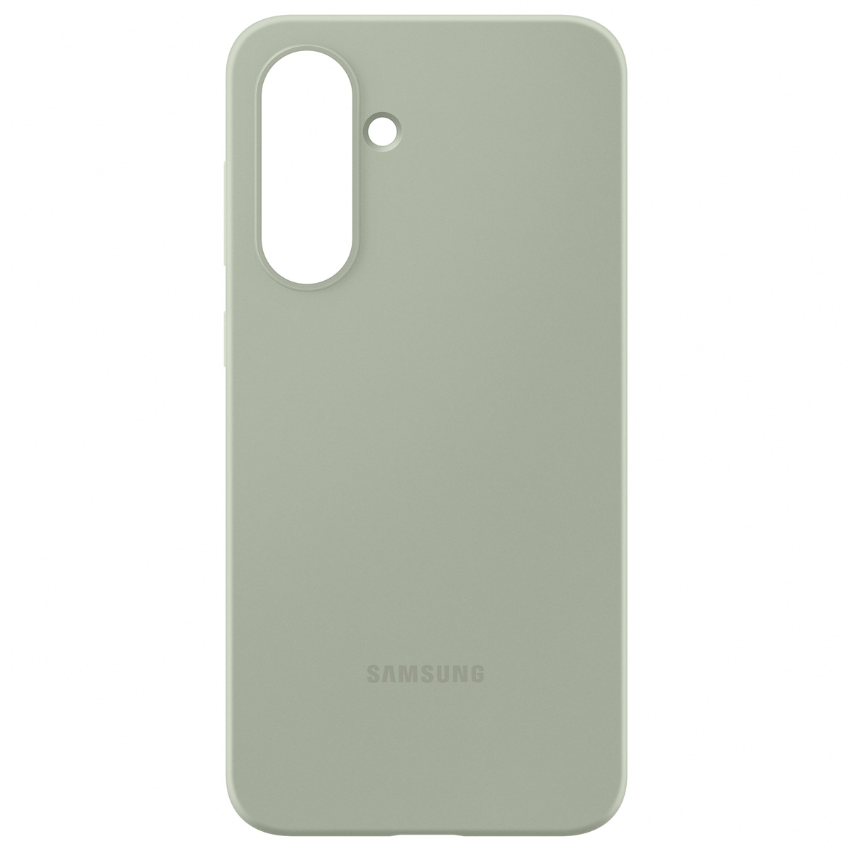 Una custodia per telefono in silicone verde chiaro. Il logo Samsung è in basso. Apertura fotocamera.