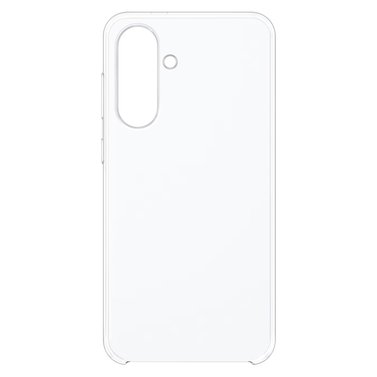 Custodia trasparente per smartphone. La custodia è vuota e presenta ritagli per fotocamera e pulsanti.