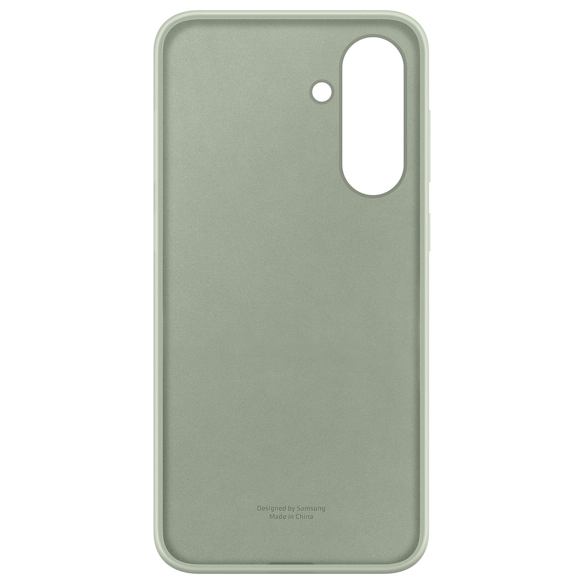 Custodia per telefono verde chiaro, vista posteriore, con fori per fotocamera e pulsanti.