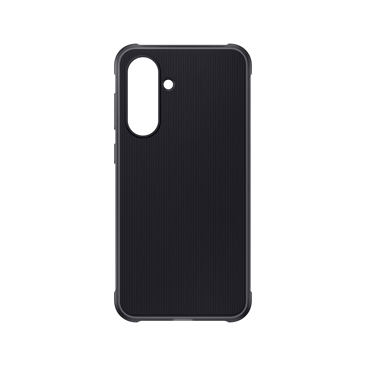 Coque de téléphone portable noire avec une surface texturée. La coque a une découpe pour l'appareil photo.