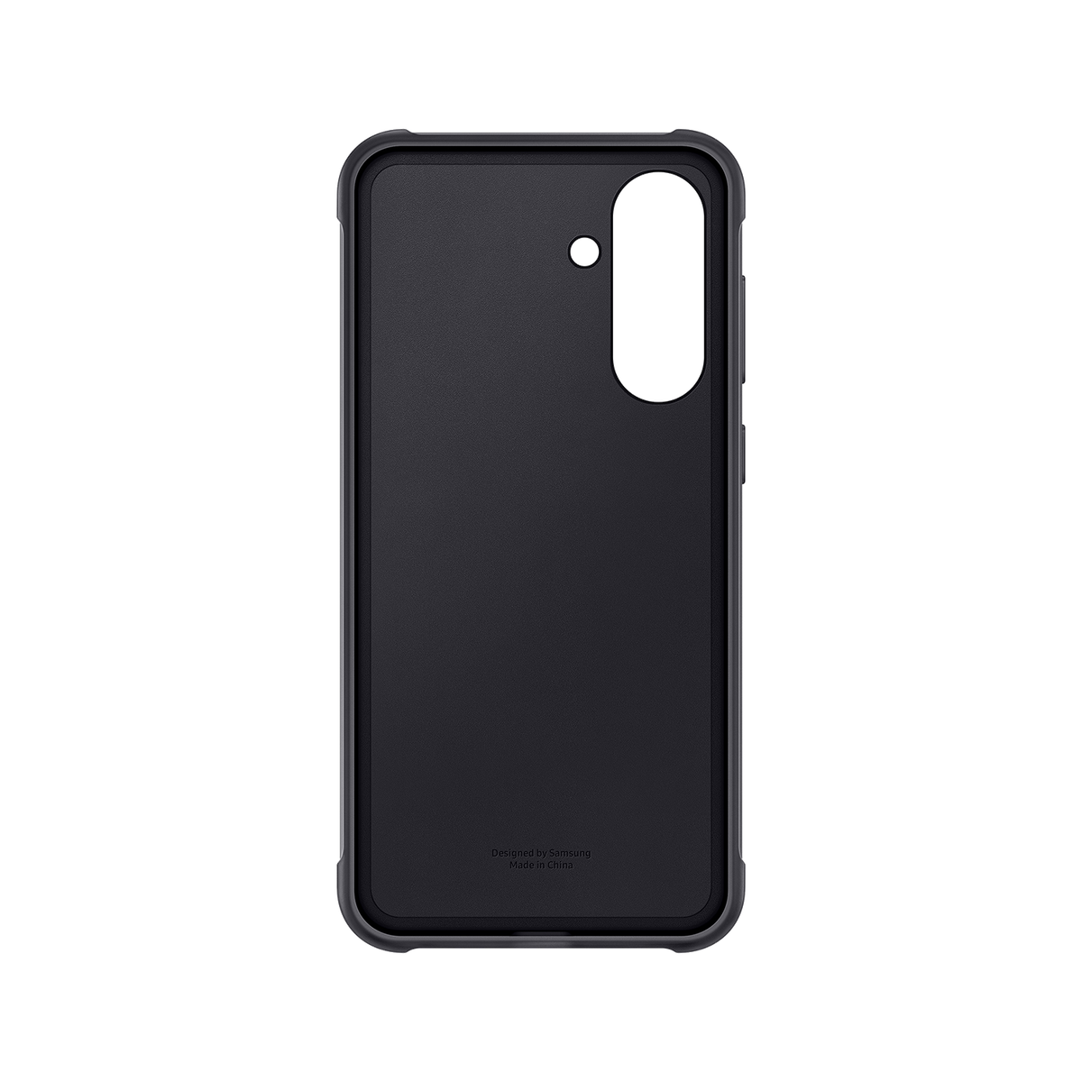 Een zwarte telefoonhoes met een textuur op de achterkant, ontworpen in China.