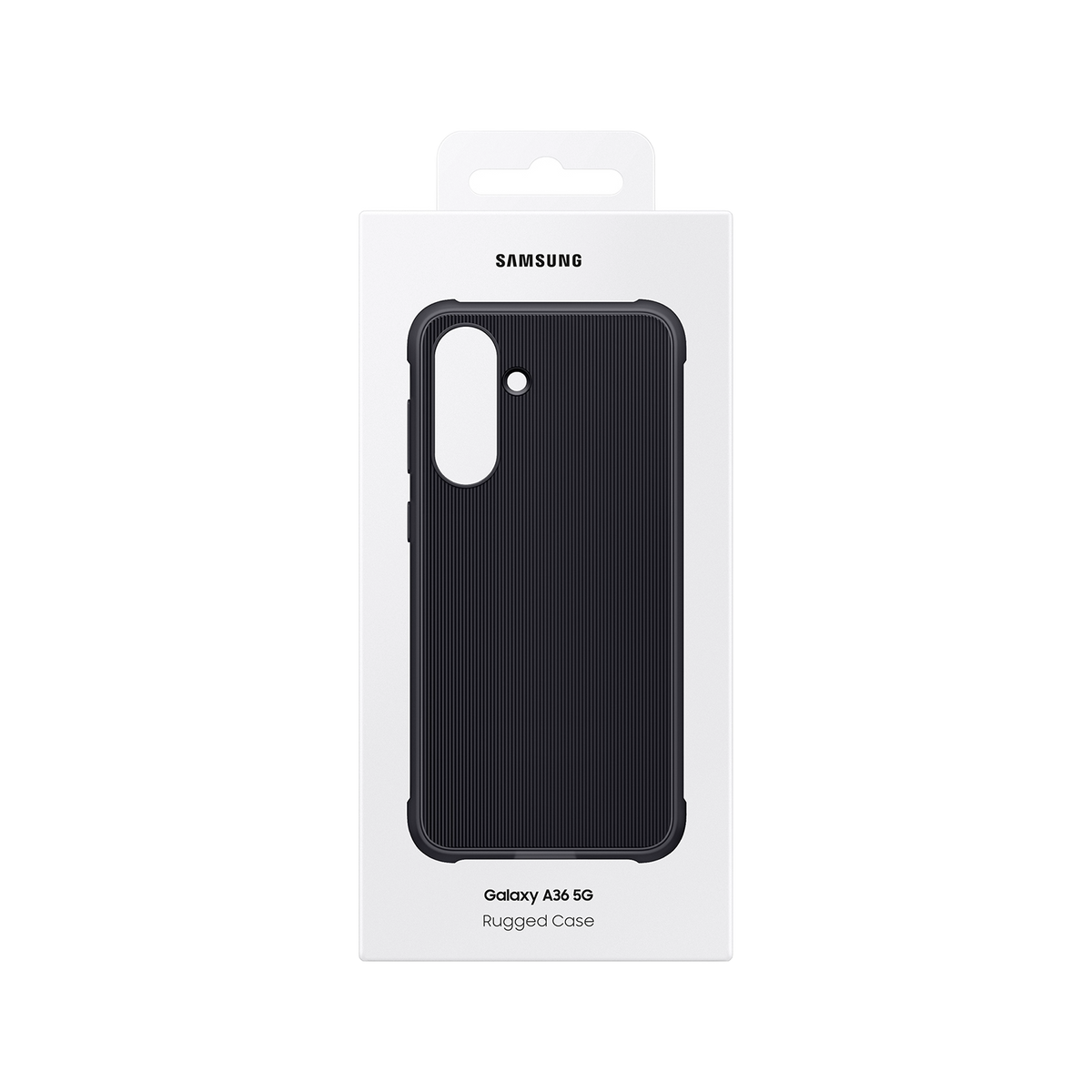 Een zwarte telefoonhoes in verpakking. De hoes heeft een textuur met verticale lijnen.