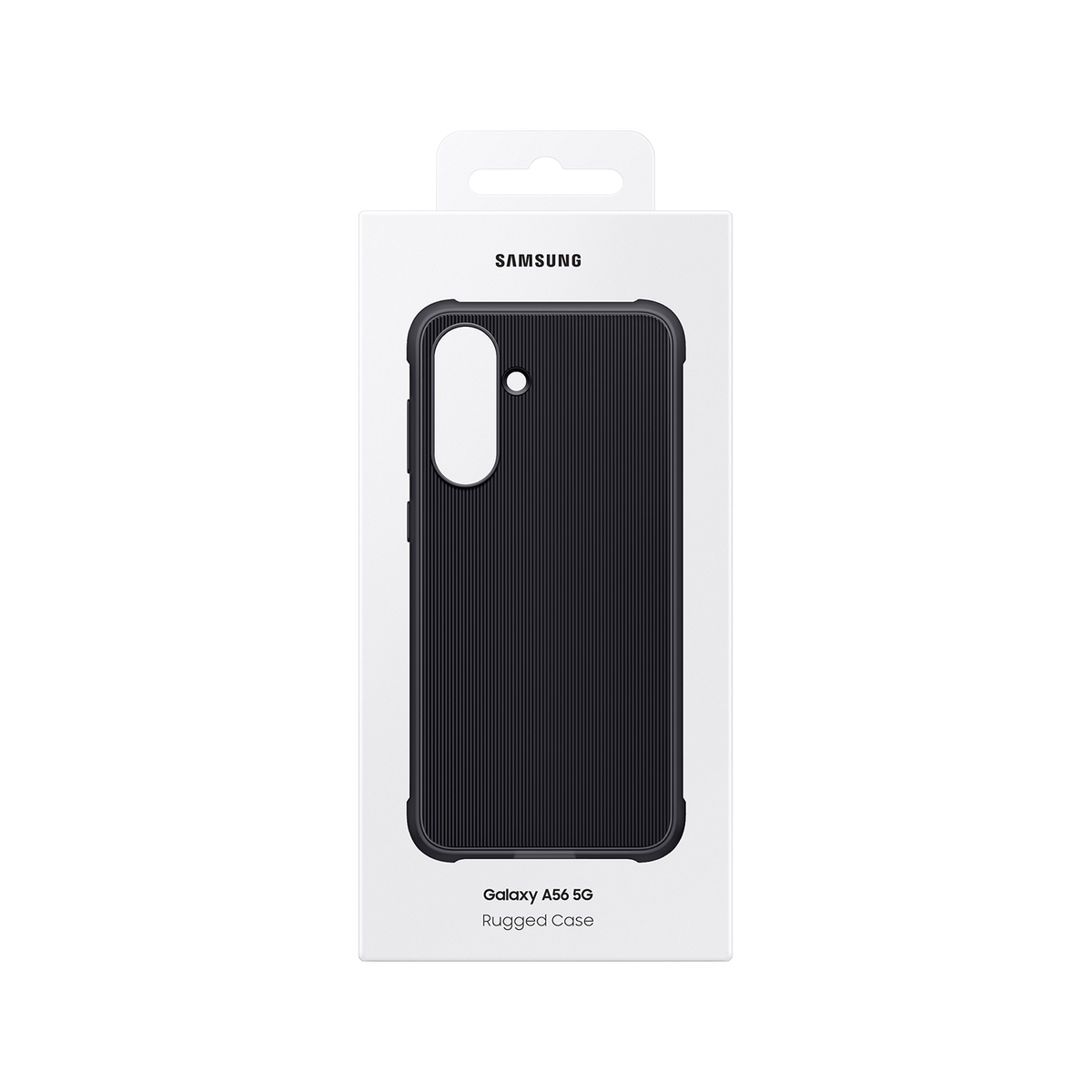 Coque de téléphone noire dans une boîte blanche Samsung avec le nom Galaxy A56 Rugged Case.