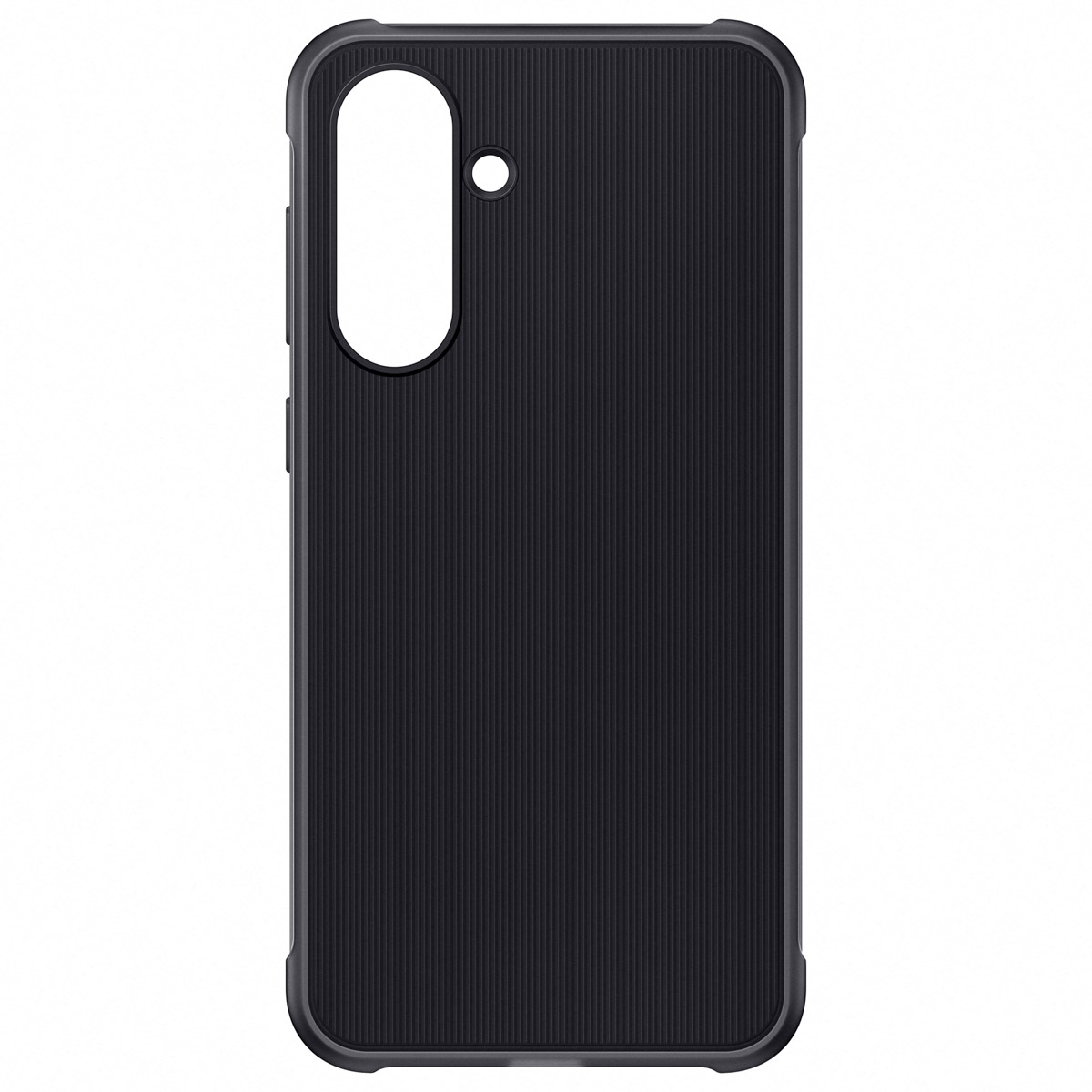 Un étui de téléphone noir avec des lignes verticales et une découpe pour l'appareil photo. Fond blanc.