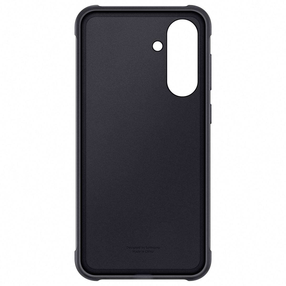 Zwarte telefoonhoes met camera-uitsparing. Het heeft een donkergrijs frame en de merknaam is niet zichtbaar.