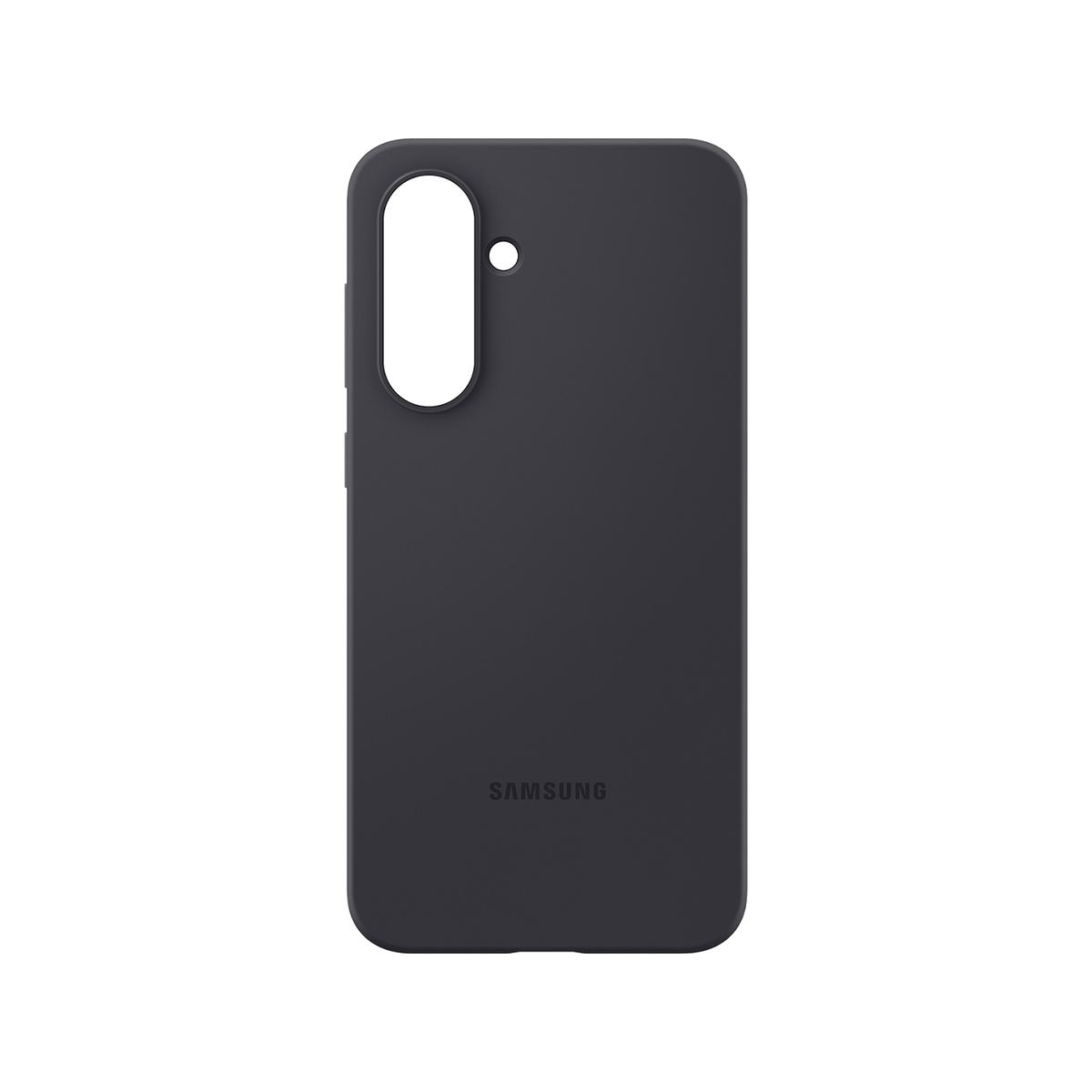 Una custodia per telefono grigio scuro con un foro per una sola fotocamera e il logo Samsung su sfondo nero.