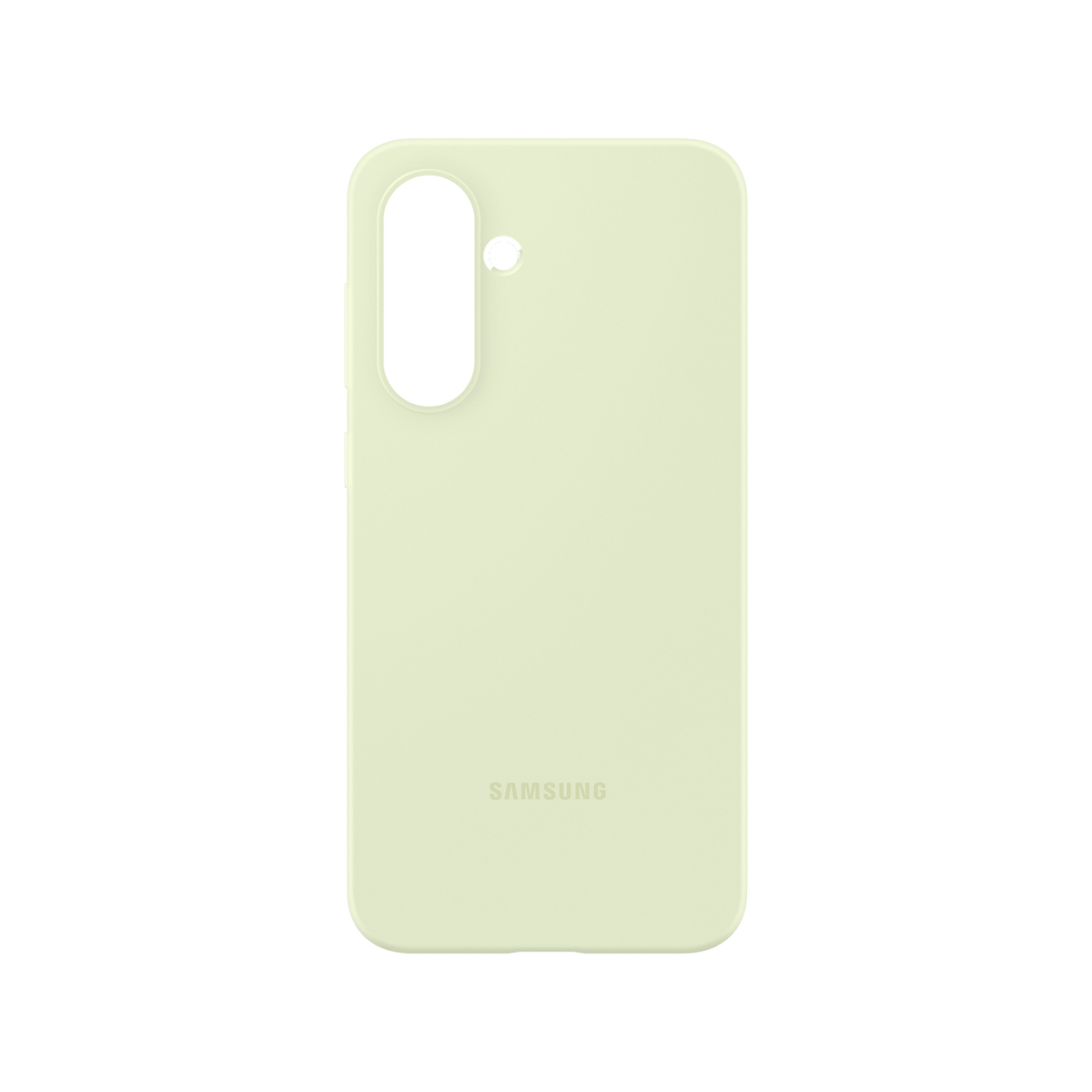 Una custodia in silicone verde chiaro con logo Samsung in basso. Apertura per la fotocamera.