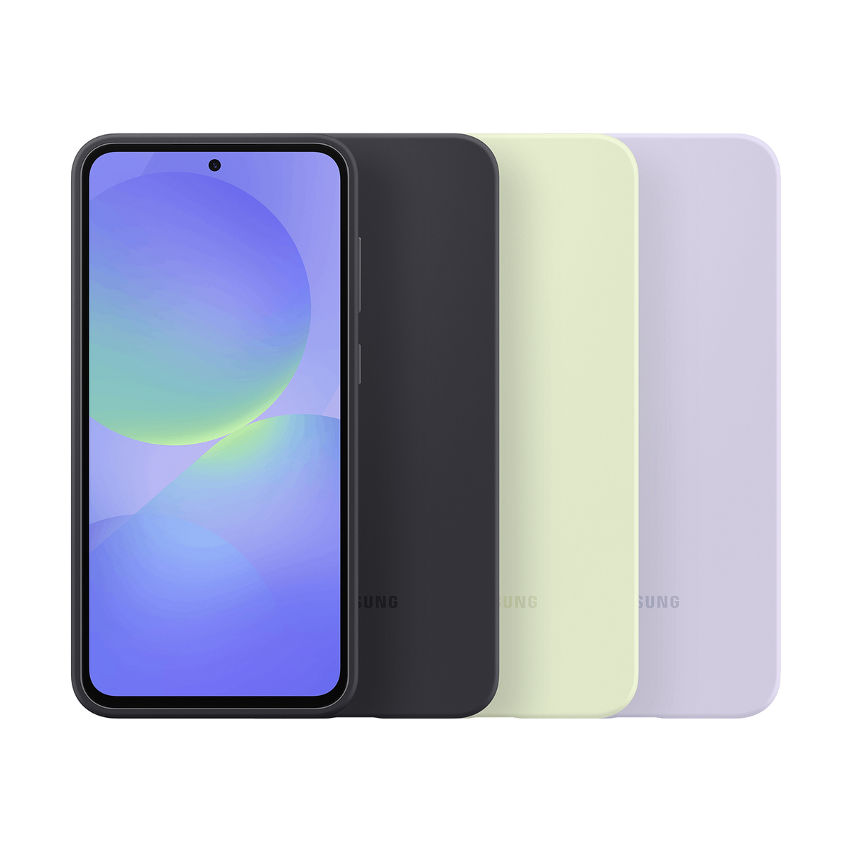 Uno smartphone con una custodia nera e tre custodie colorate aggiuntive: nera, verde chiaro e viola chiaro.