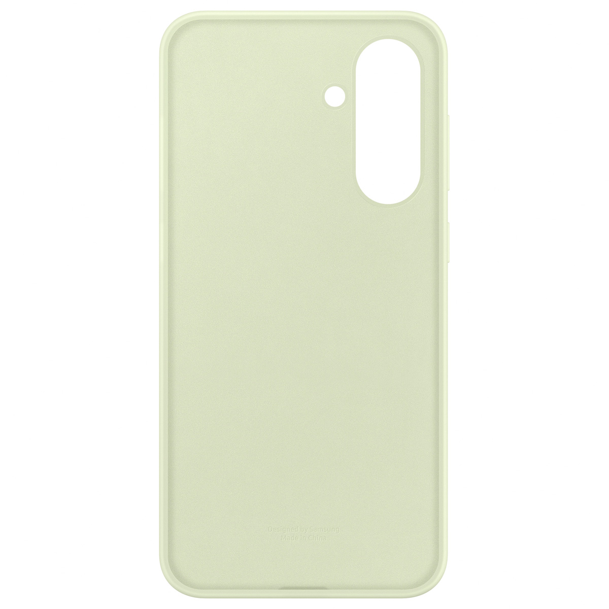 Custodia per telefono verde chiaro con superficie liscia e apertura per la fotocamera, su sfondo nero.