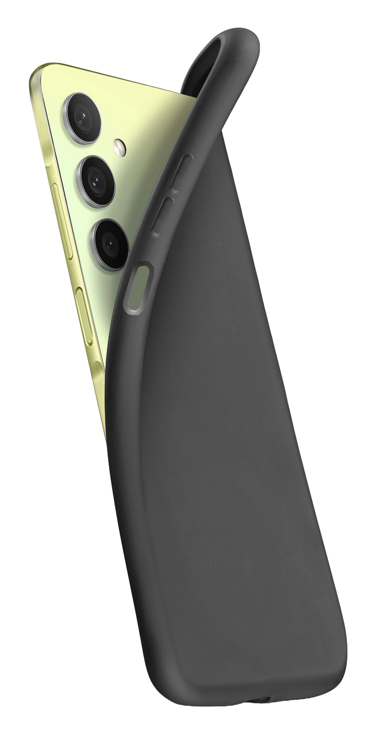 Una custodia nera per telefono con un telefono inserito. Il telefono ha tre fotocamere.