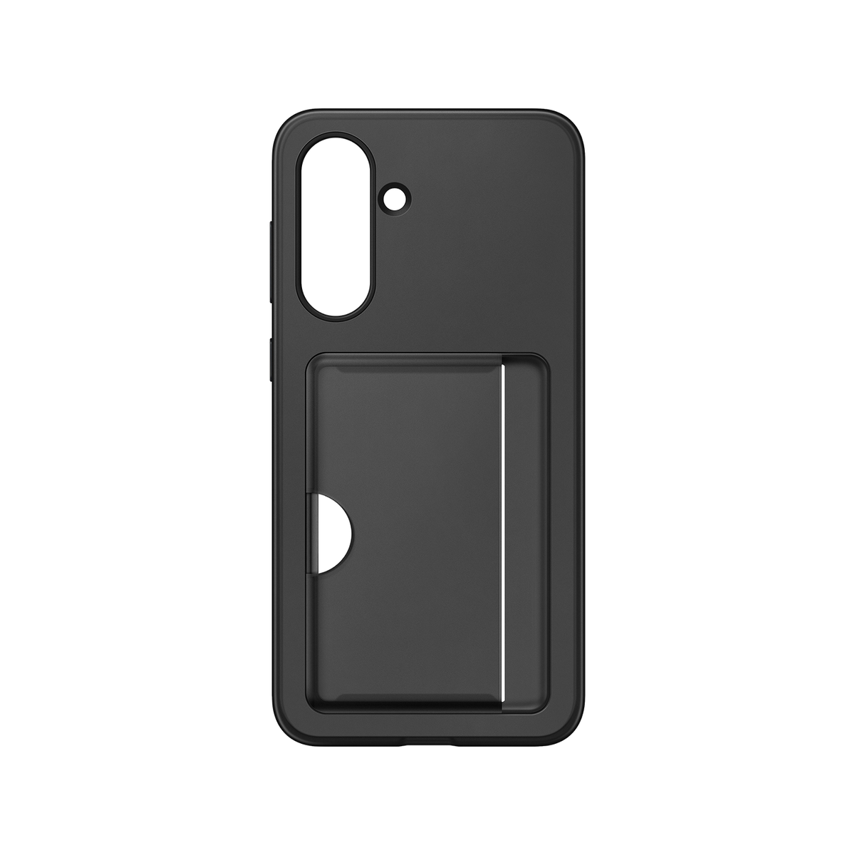 Zwarte telefoonhoes met een kaartsleuf. De hoes is rechthoekig en glad.