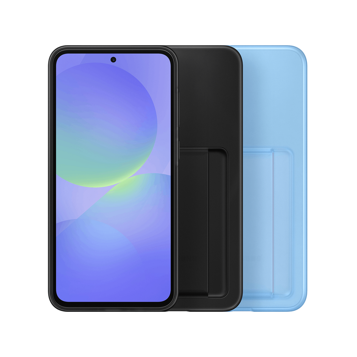 Smartphone met een hoesje en een beschermhoes. Blauwe en zwarte kleuren.