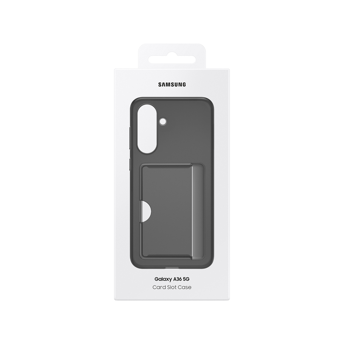 Een Samsung Galaxy A36 5G kaartsleufhoesje in een witte doos, met het ontwerp van de hoes.