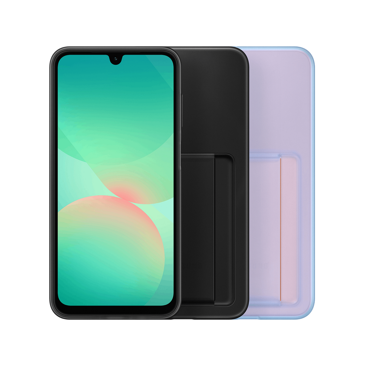 Smartphone and two cases: one black, one light purple, with a green and pink screen.