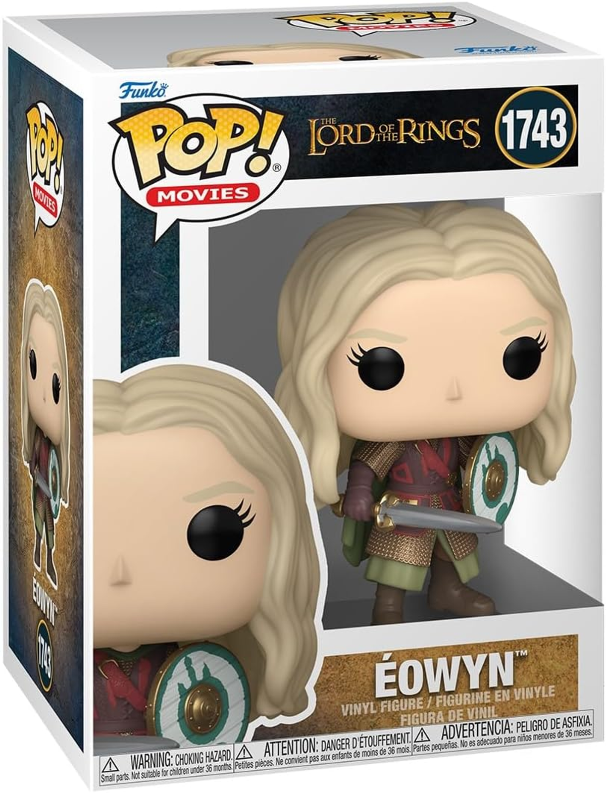 Figura Funko Pop de Éowyn de El Señor de los Anillos, en una caja expositora.