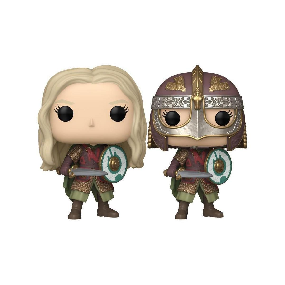 Dos figuras Funko Pop de guerreras, sosteniendo escudos y espadas, contra un fondo blanco.