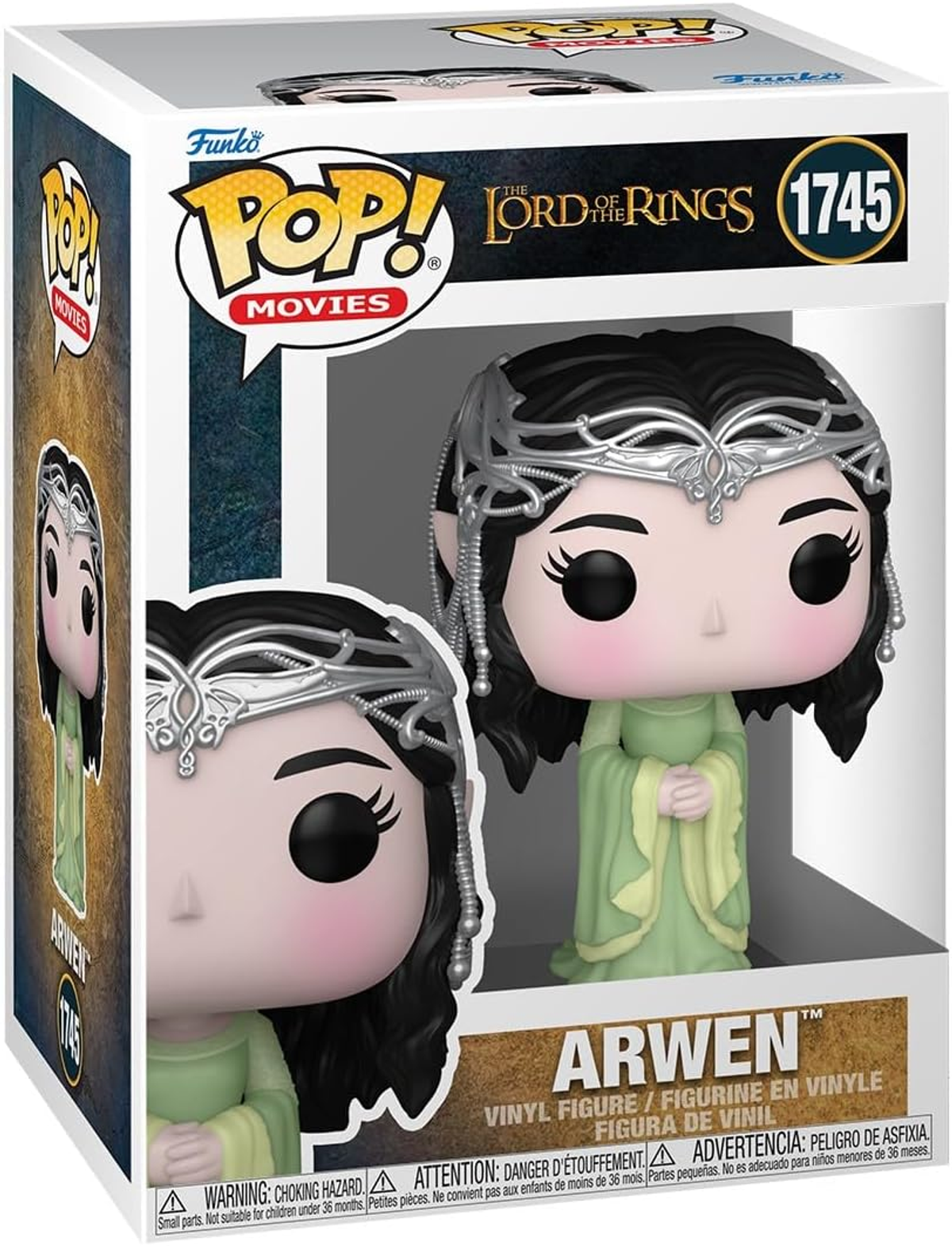 Funko Pop figure of Arwen from Lord of the Rings, in box. She wears a crown and green dress.