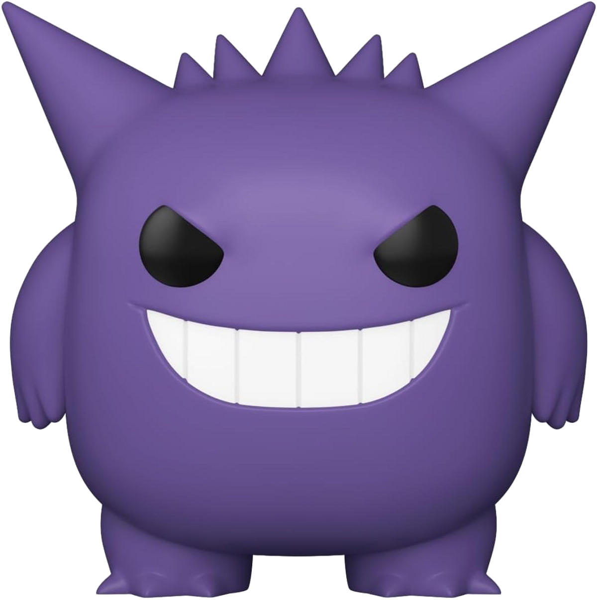 Una figura Funko Pop de Gengar morado con ojos negros y una amplia sonrisa con dientes.