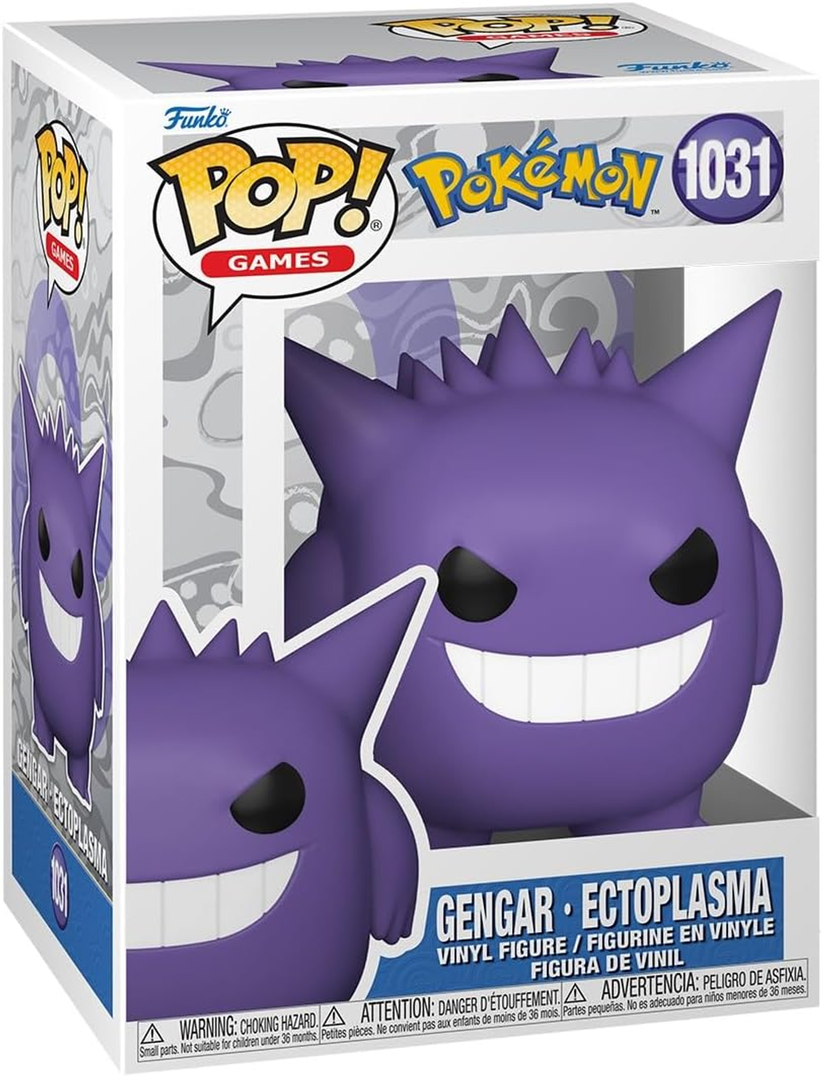 Una figura Funko Pop en caja de Gengar de Pokemon. La figura es morada con una sonrisa.