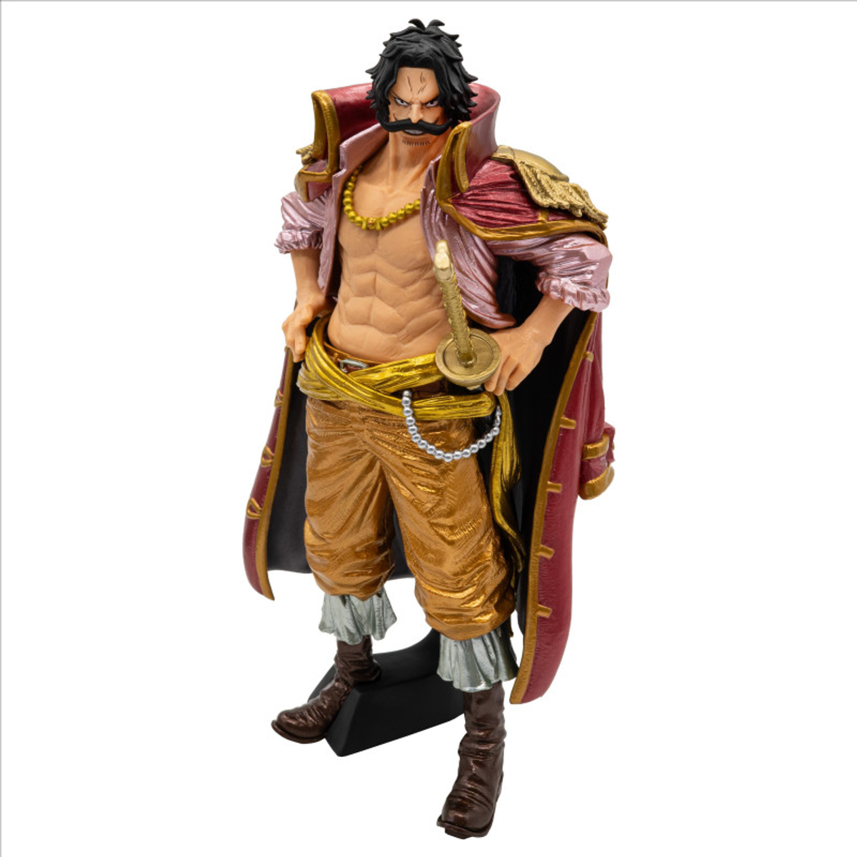 Figura de Gol D. Roger de One Piece, con un abrigo rojo, pantalones dorados y sosteniendo una espada.