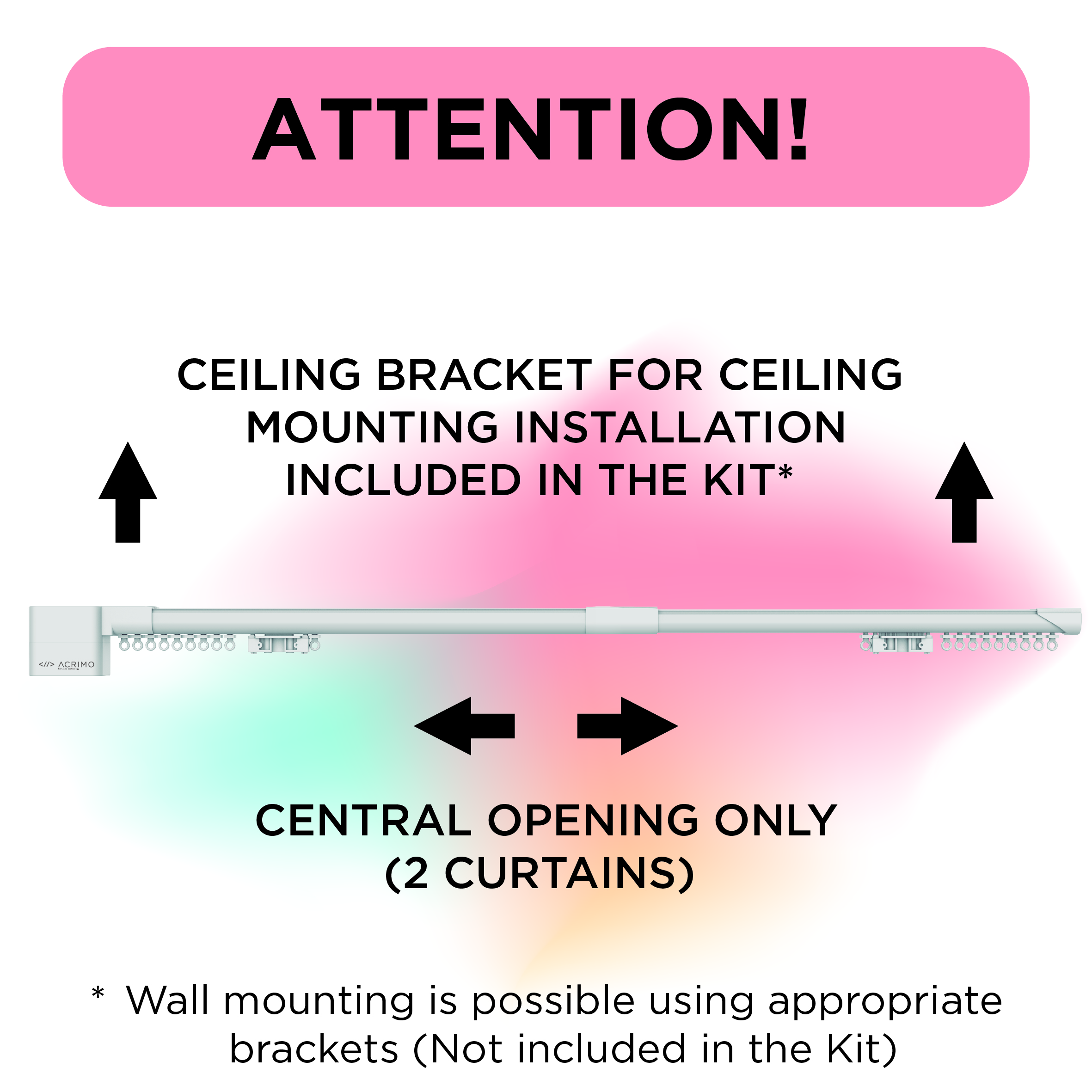 Diagramm mit Text zur Deckenhalterung für Vorhänge. Pfeile und Details zur zentralen Öffnung sind gezeigt.