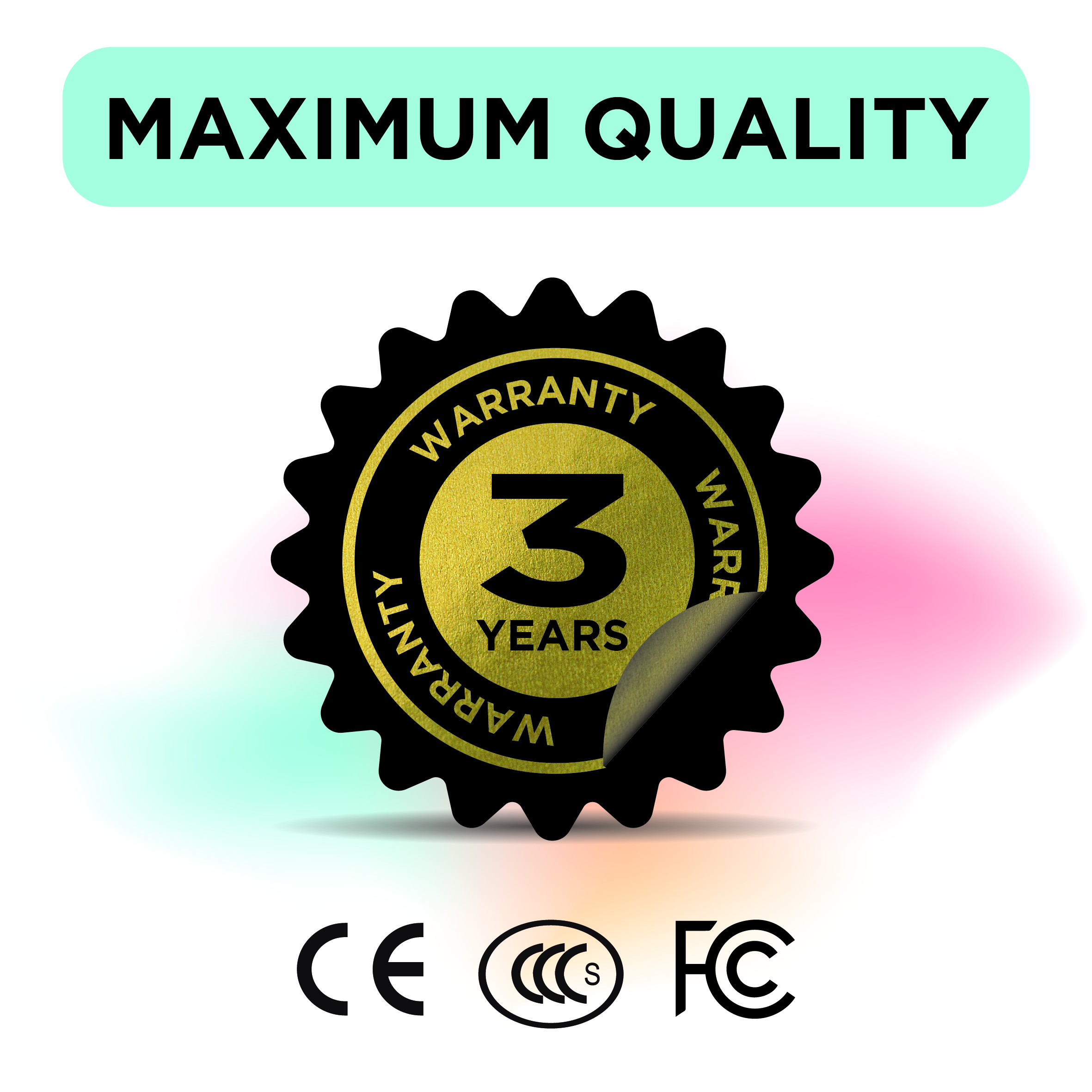 Ein schwarzes und goldenes Garantiesiegel mit dem Text '3 JAHRE GARANTIE' und CE-, CCC- und FC-Logos.