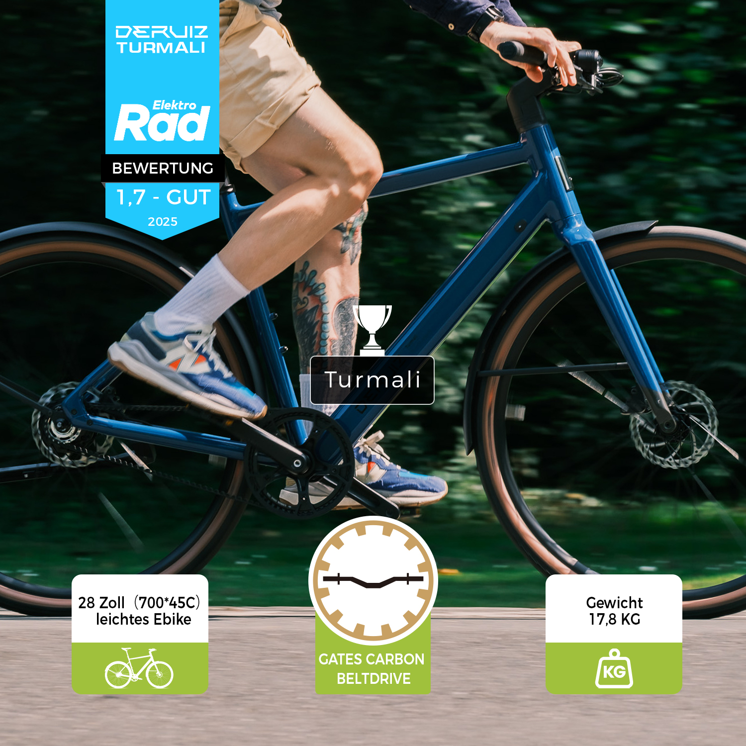 DERUIZ Turmali L e-Bike for Herren mit Gates Carbon Drive Riemenantrieb  Urbanbike (Laufradgre: 28 Zoll, Rahmenhhe: 58 cm, Herren-Rad, 360 Wh,  Yves Klein Blue) | SATURN