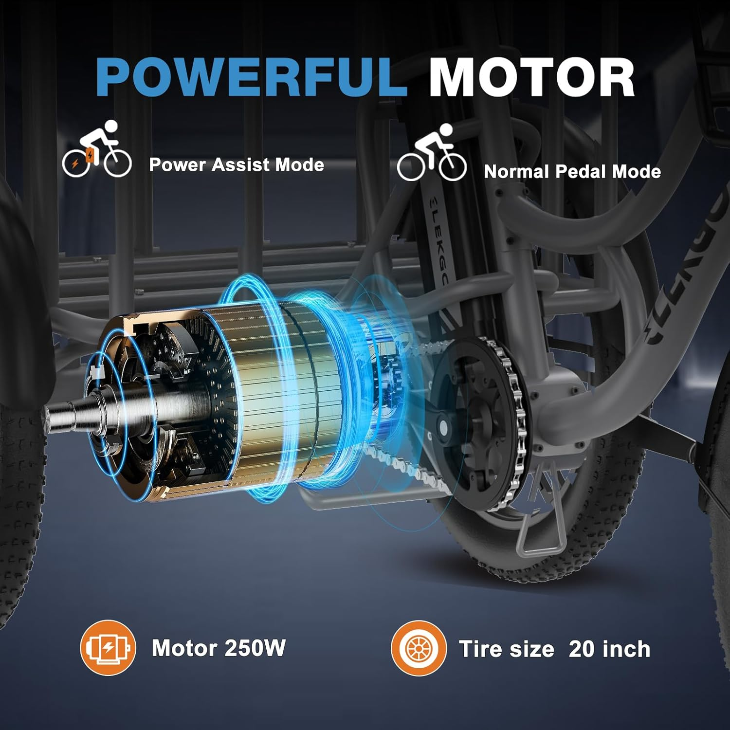 Nahaufnahme eines Elektromotors mit Textbeschriftungen. Die Reifengröße beträgt 20 Zoll. Verfügt über Power Assist Mode und Normal Pedal Mode.