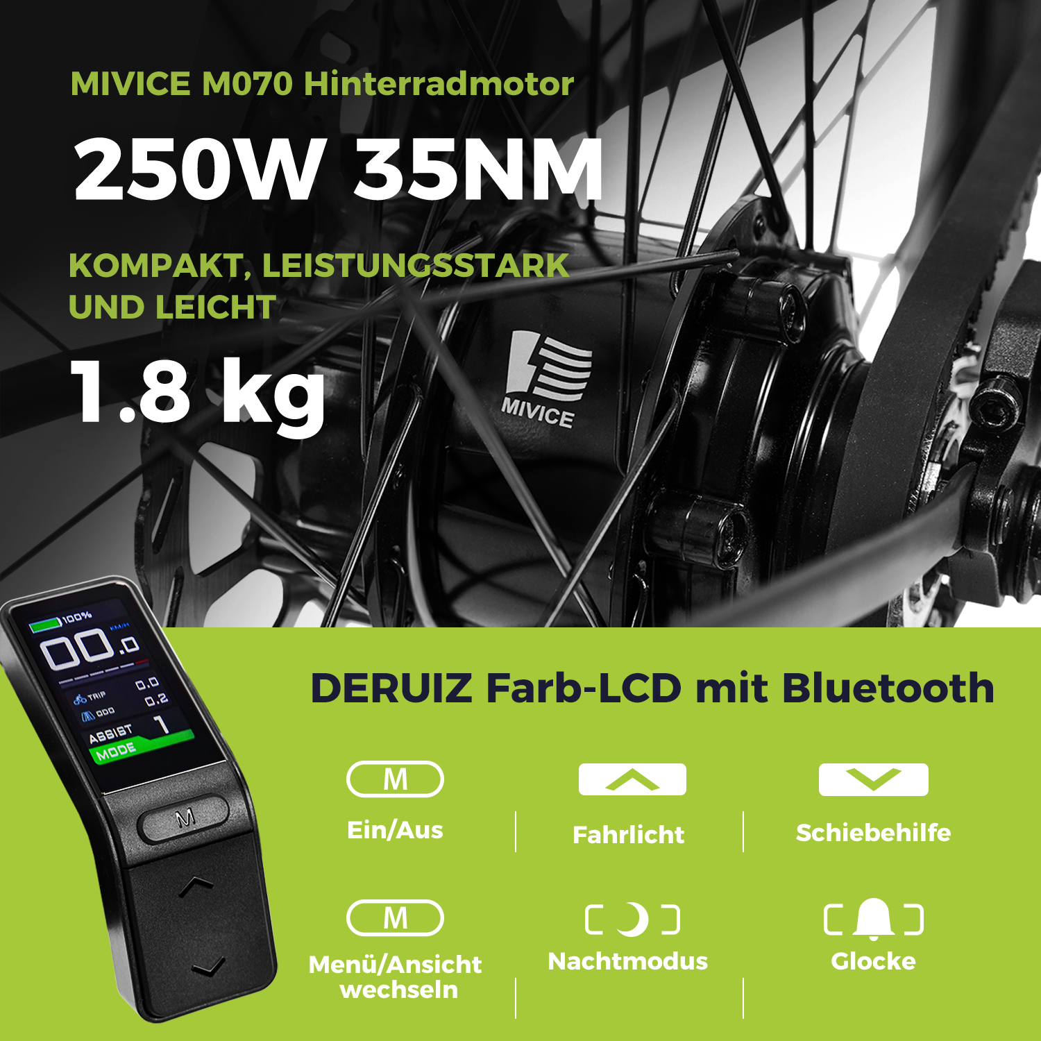 Nahaufnahme eines E-Bike-Displays mit Text und Knöpfen, das Geschwindigkeit, Akku und Unterstützungsmodus anzeigt.