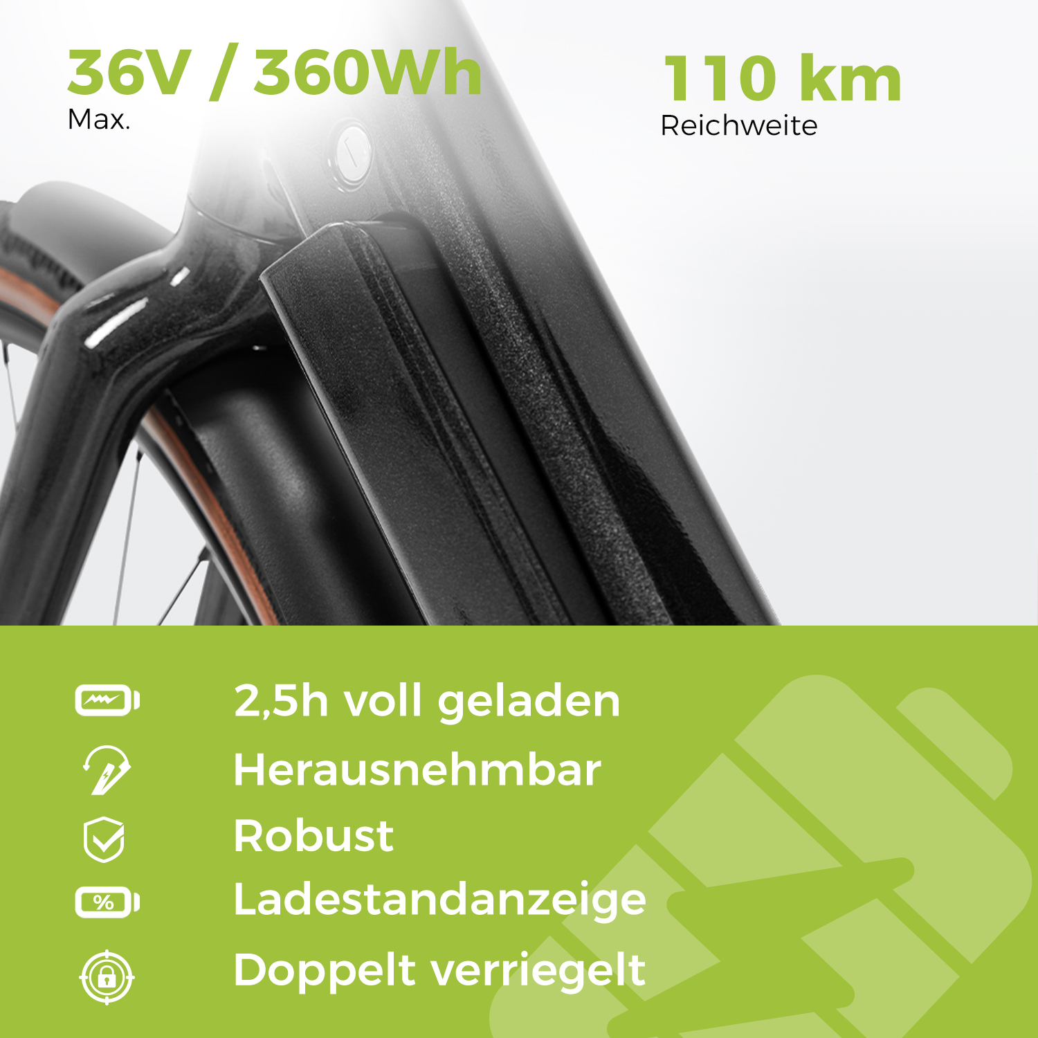 Schwarzer und grauer Akku für ein Elektrofahrrad, mit Text und Symbolen, die Funktionen angeben.