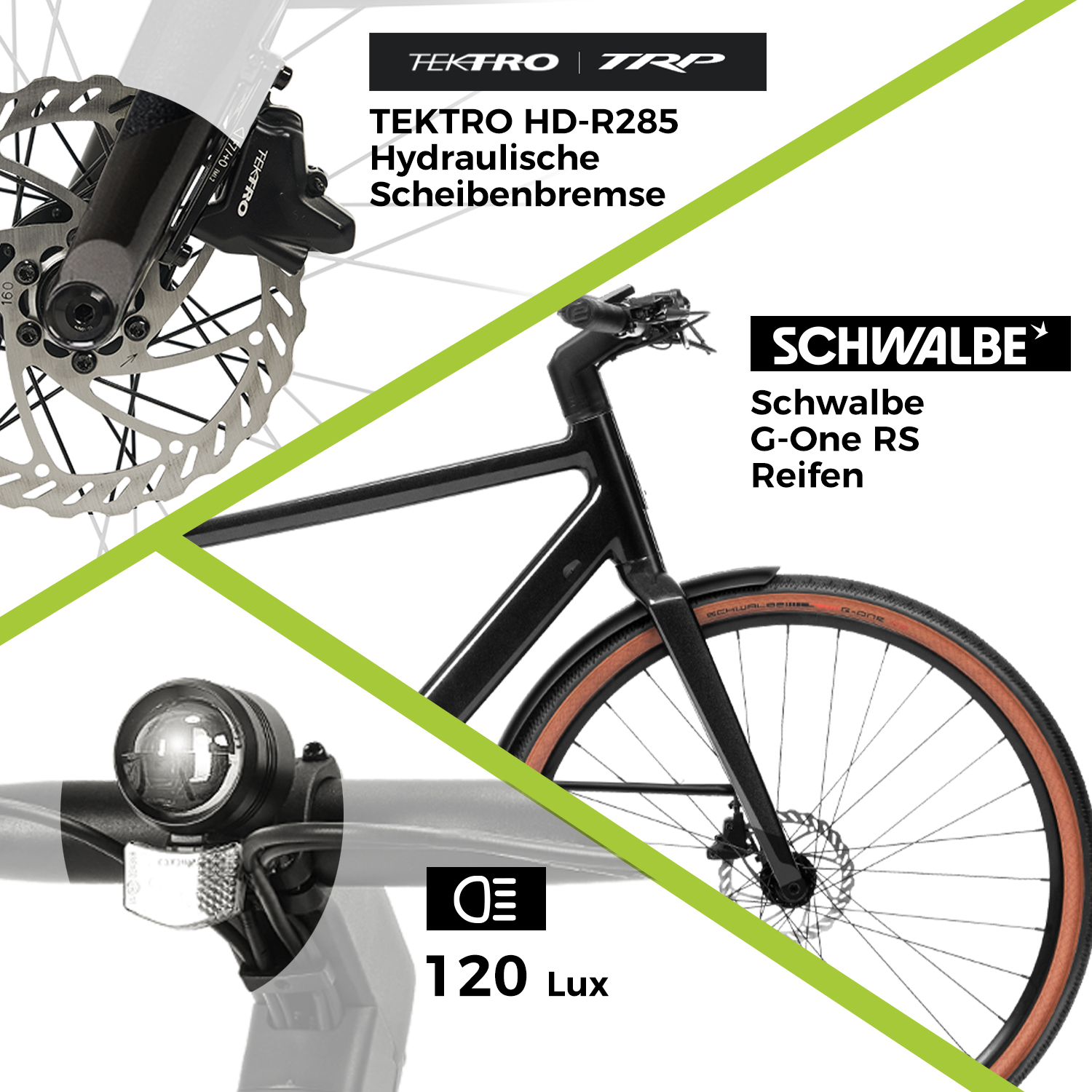 Schwarze Fahrradteile mit Textetiketten für Bremsen, Reifen und Scheinwerfer.