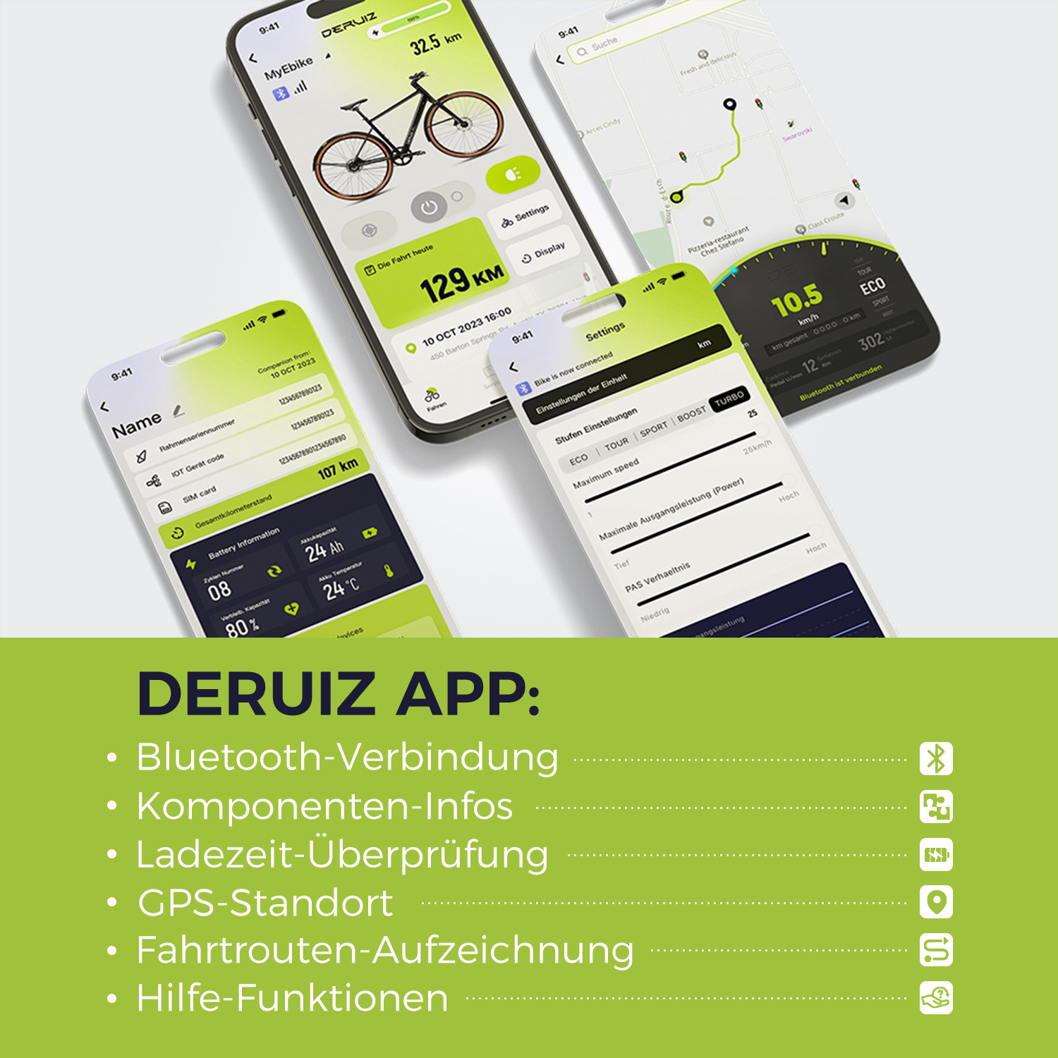 Bildschirme einer Deruiz-App, die Fahrradinformationen anzeigen, einschließlich Akku, Karte und Einstellungen, mit App-Funktionen.