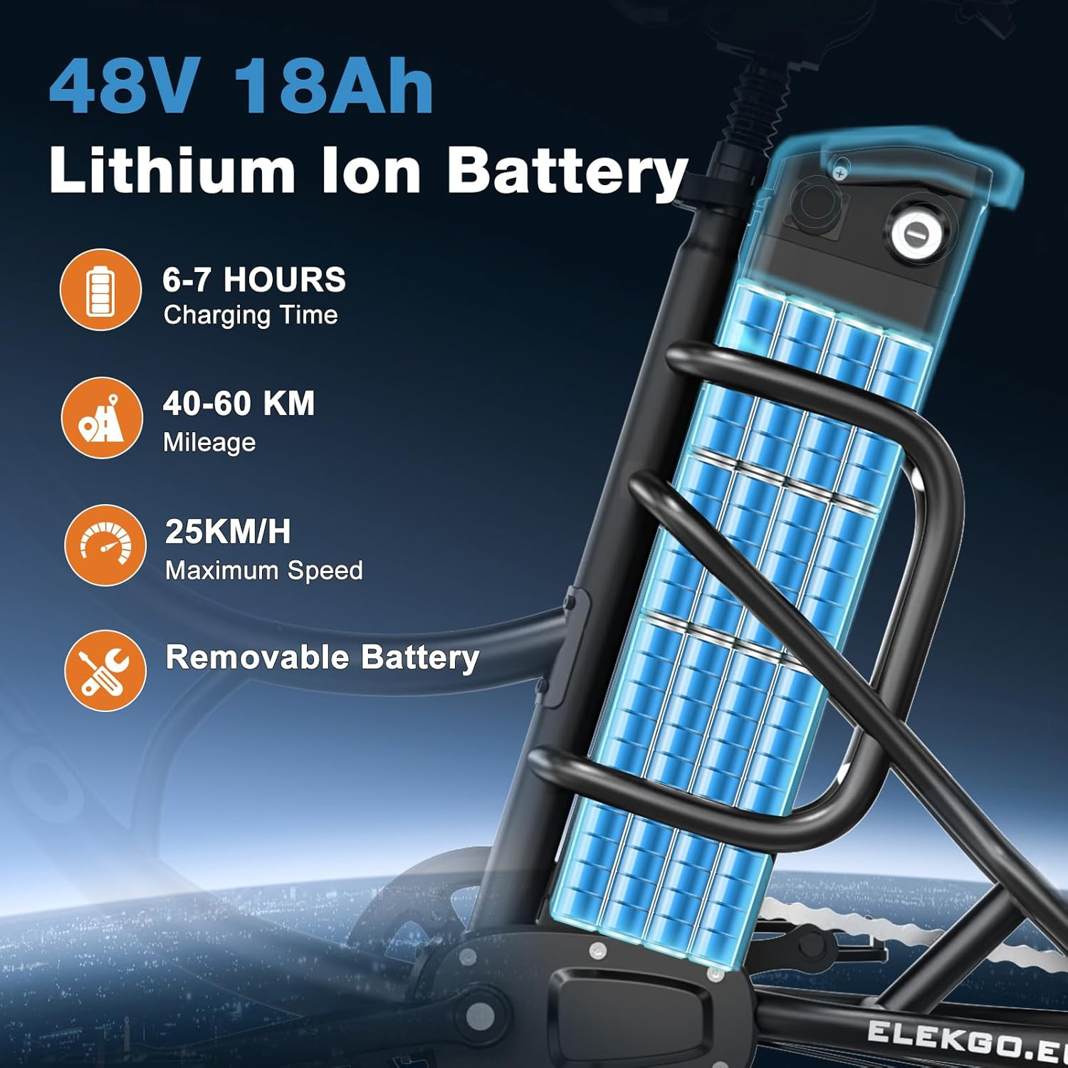 Ein Lithium-Ionen-Akku, der an einem Fahrradrahmen montiert ist, mit detaillierten Informationen und Symbolen.