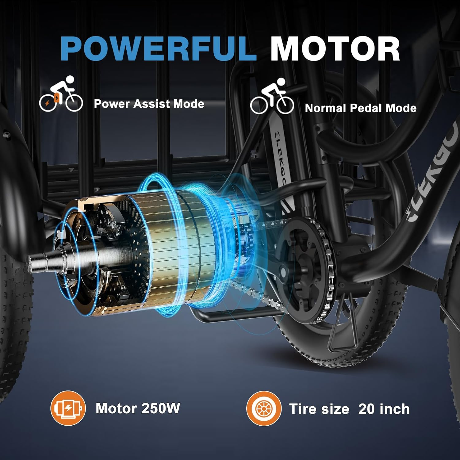 Elektrisches Trike-Motordetail, Motor- und Radkomponenten sichtbar, schwarzer Rahmen.