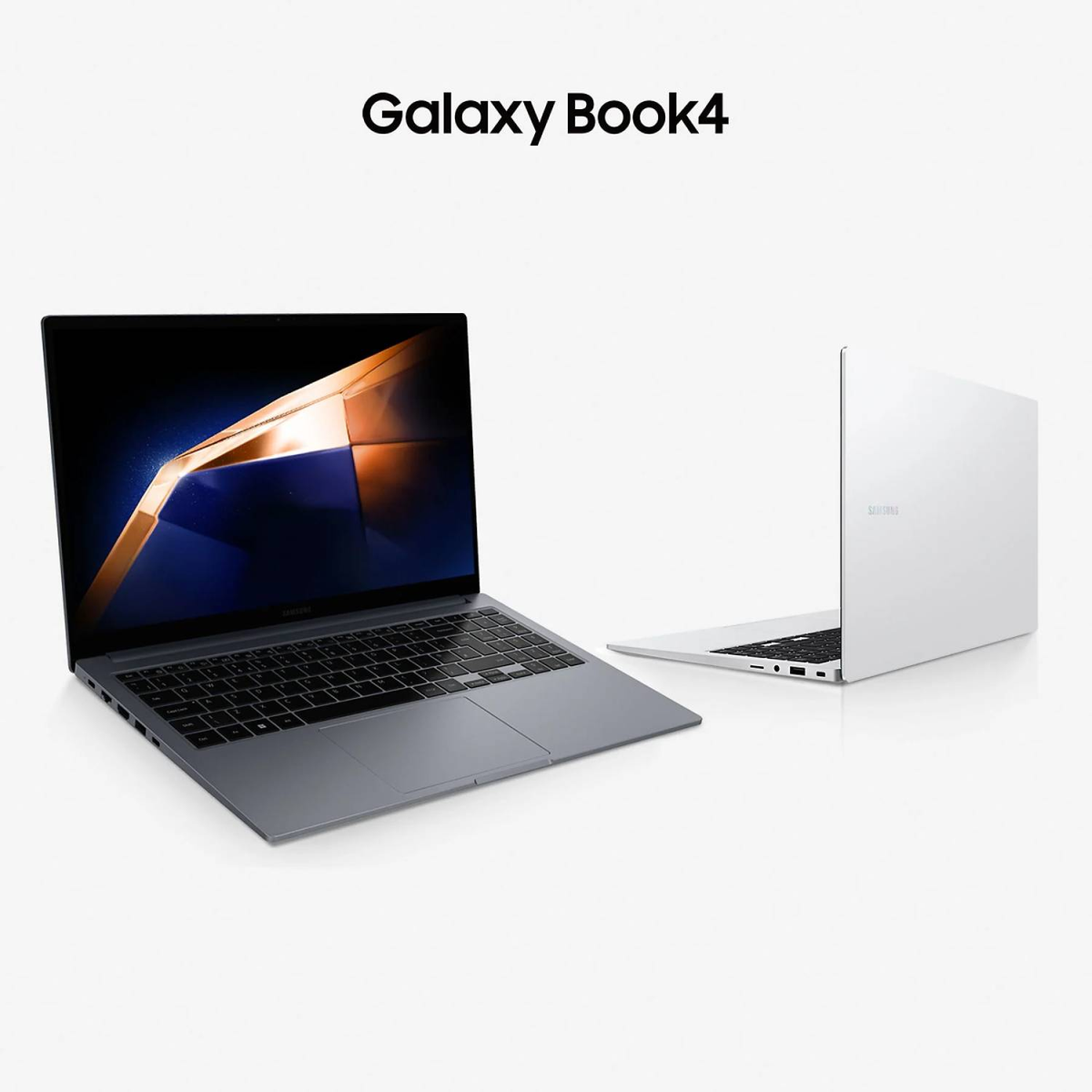 Dos portátiles, uno abierto con pantalla oscura y otro cerrado, blanco, con el logo de Galaxy Book4.