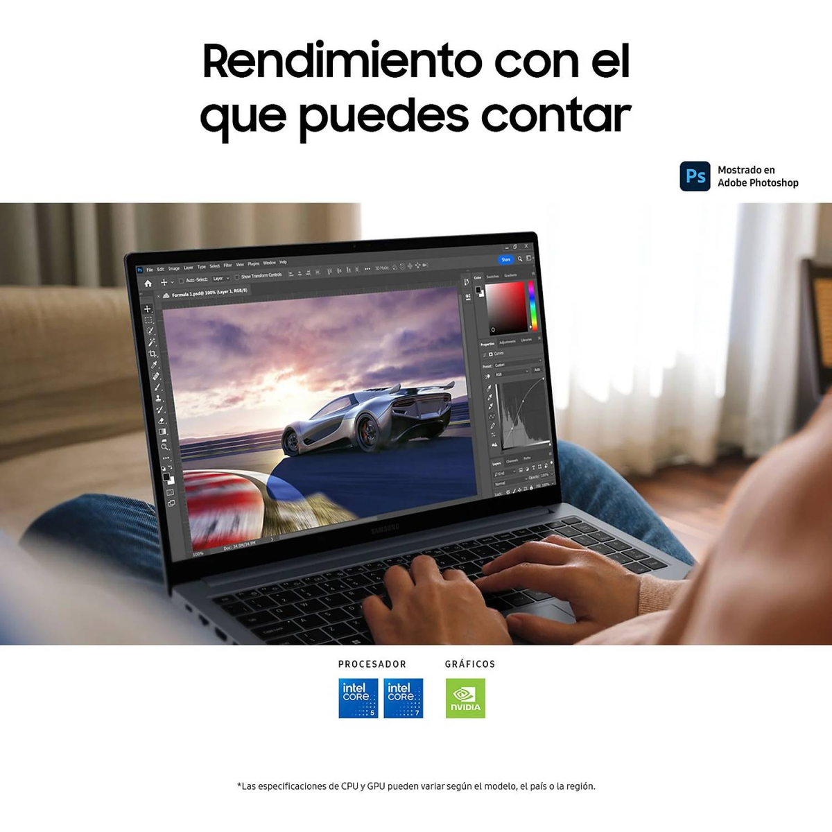 Una persona usa una laptop, mostrando un diseño de coche en un software, con detalles de procesador y gráficos.