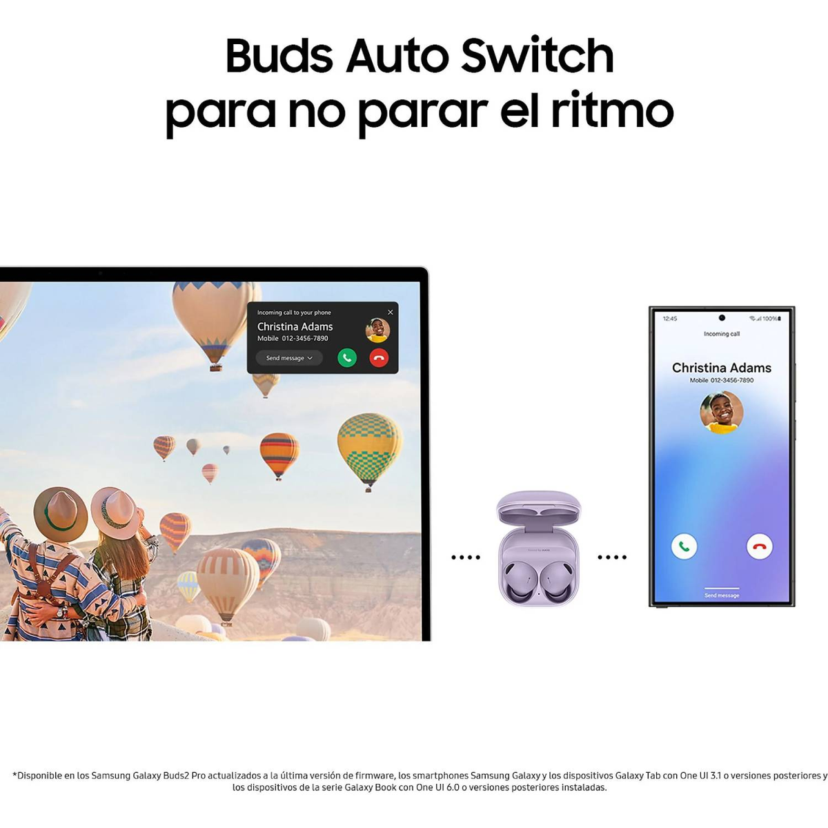 Dos smartphones muestran pantallas de llamadas con auriculares y globos aerostáticos de fondo.