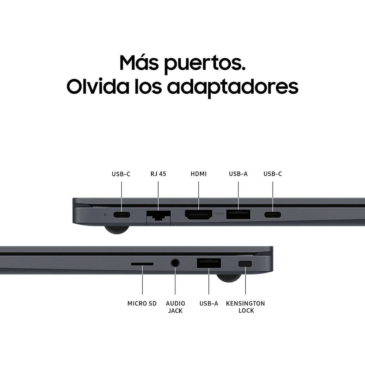 Lateral del portátil muestra puertos: USB-C, RJ45, HDMI, USB-A y Micro SD. Texto: 'Más puertos. Olvida los adaptadores'.