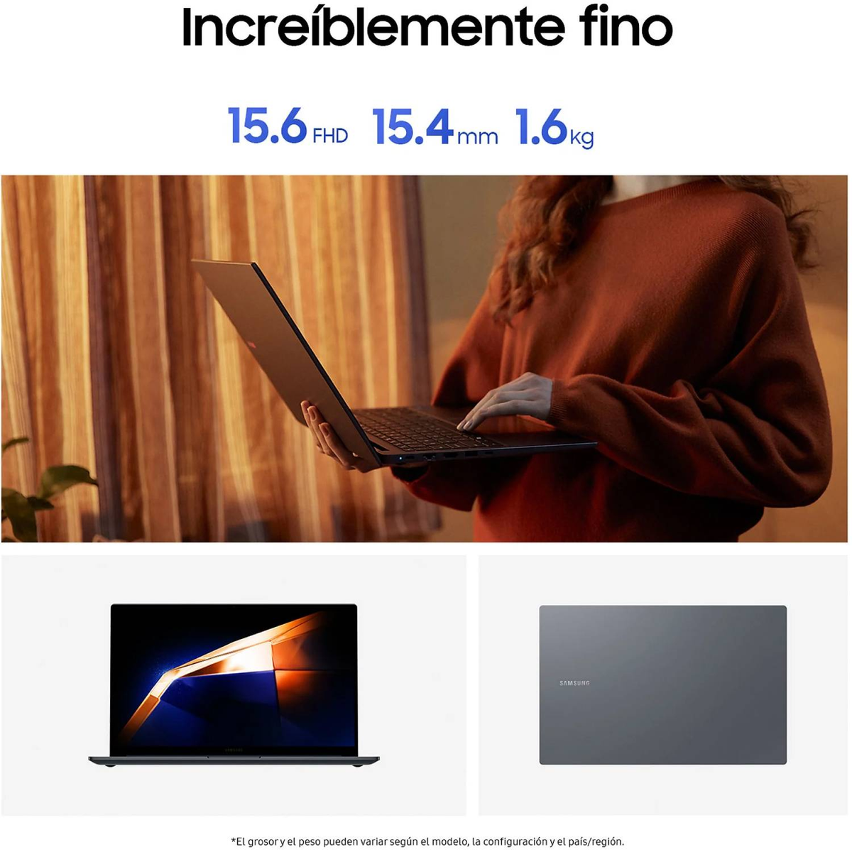 Mujer usando un portátil negro. Especificaciones: 15.6" FHD, 15.4mm, 1.6kg. Vistas adicionales del portátil.