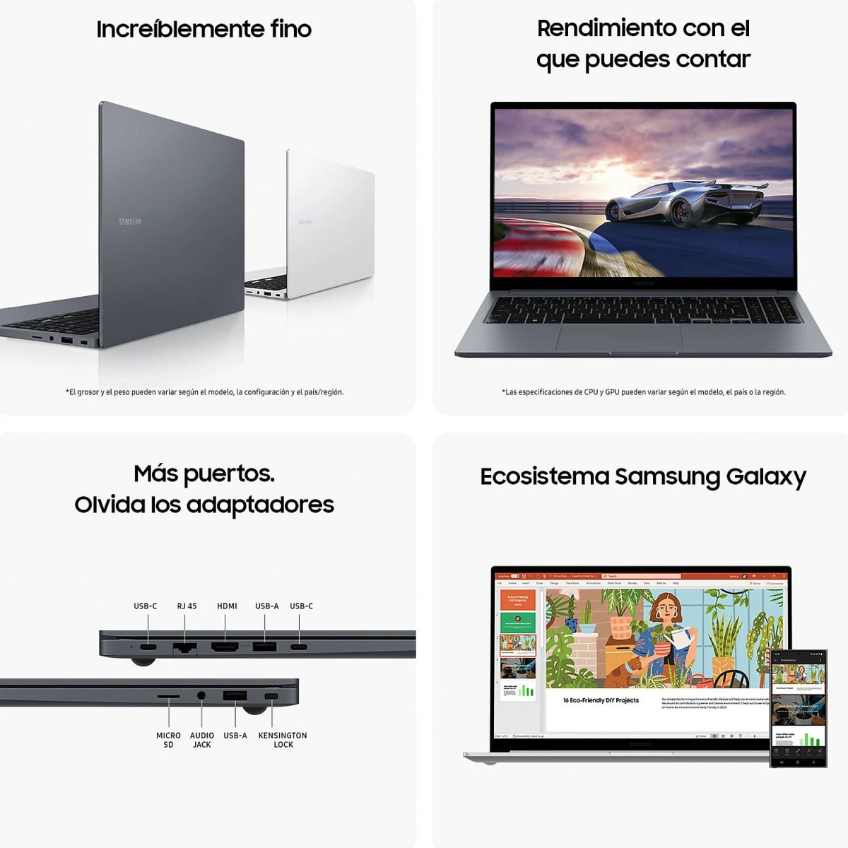 Portátiles y puertos Samsung. Las imágenes muestran los portátiles y los puertos.