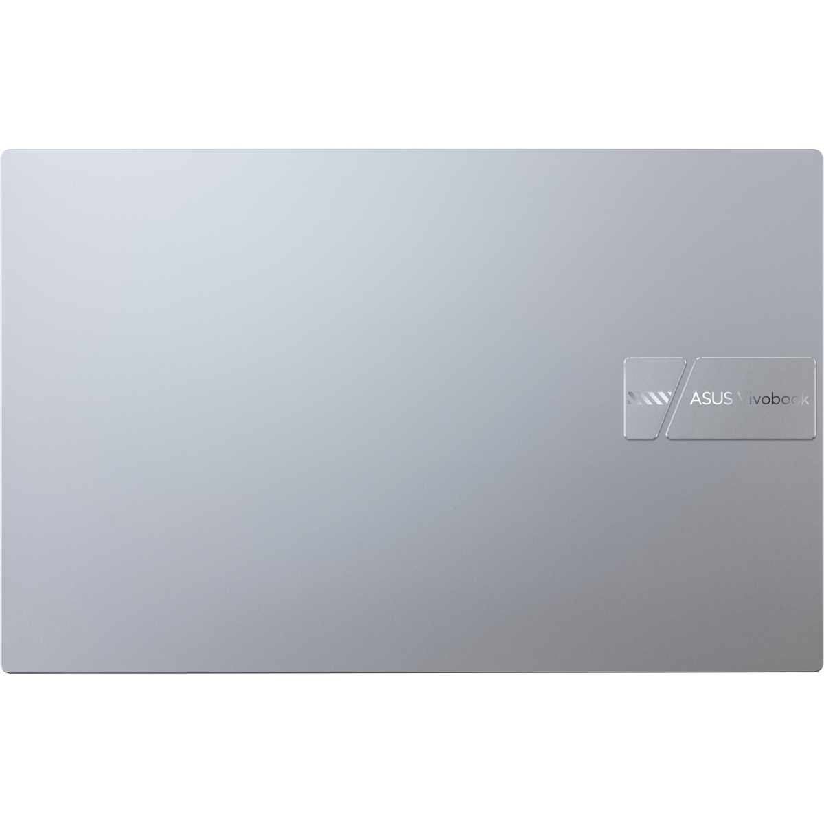 Parte trasera plateada de portátil, con logo ASUS Vivobook, sobre fondo negro, diseño simple.