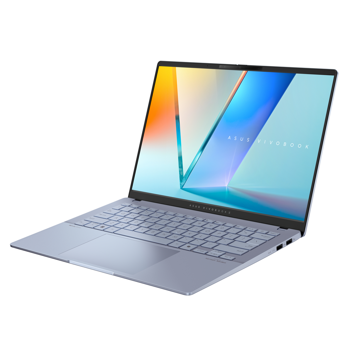 Ordenador portátil abierto, con pantalla azul y naranja, y teclado visible. ASUS Vivobook está escrito en la pantalla.