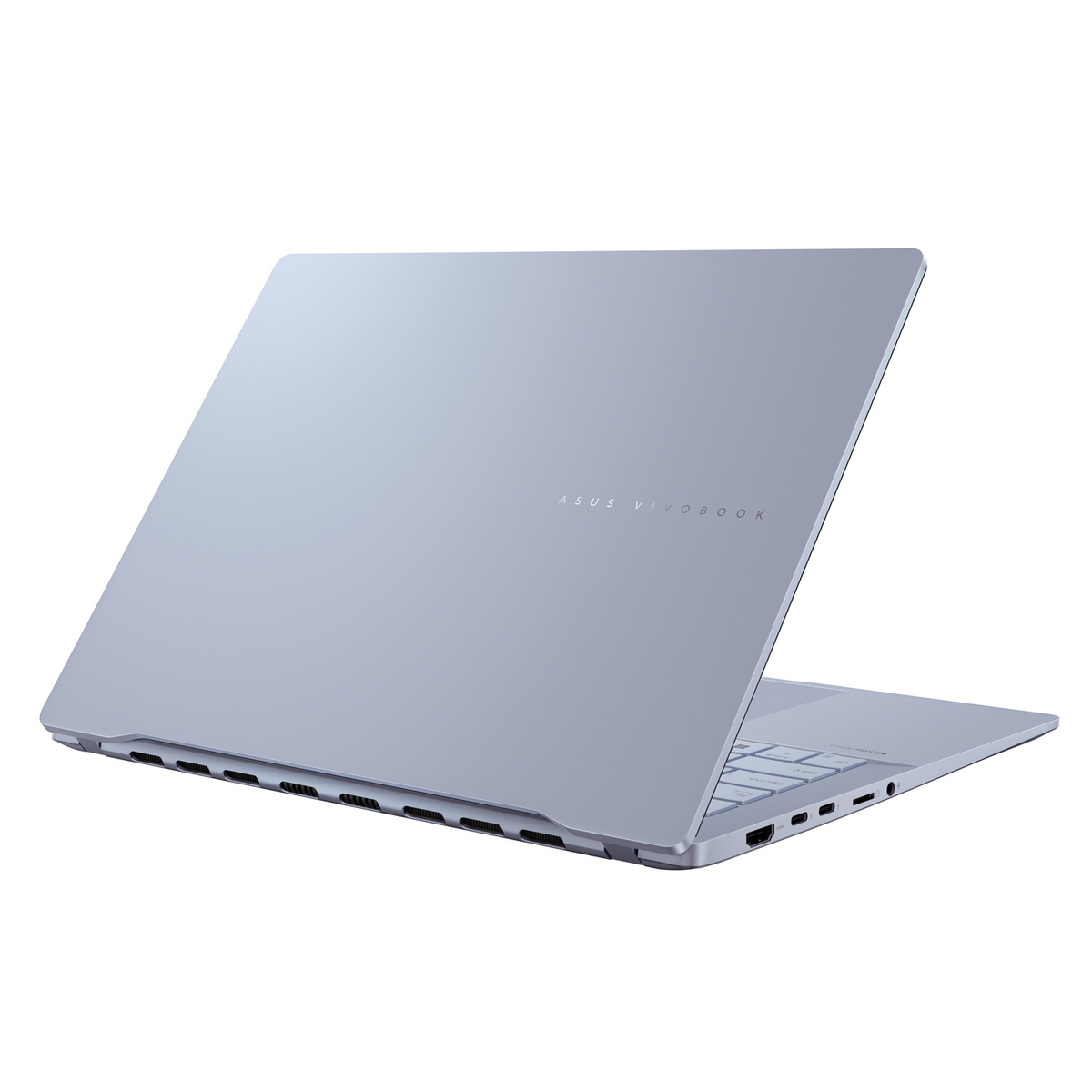 Portátil azul claro. Logotipo de ASUS Vivobook en la parte trasera. Tapa abierta con teclado.