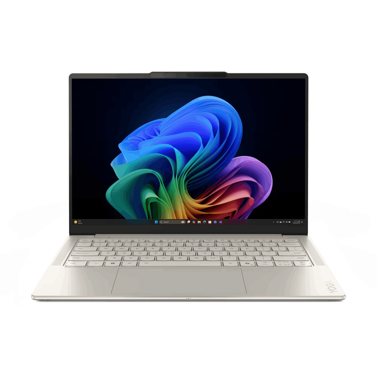 Srebrny laptop z kolorowym ekranem, otwarty na stole. Klawiatura i touchpad są z przodu.