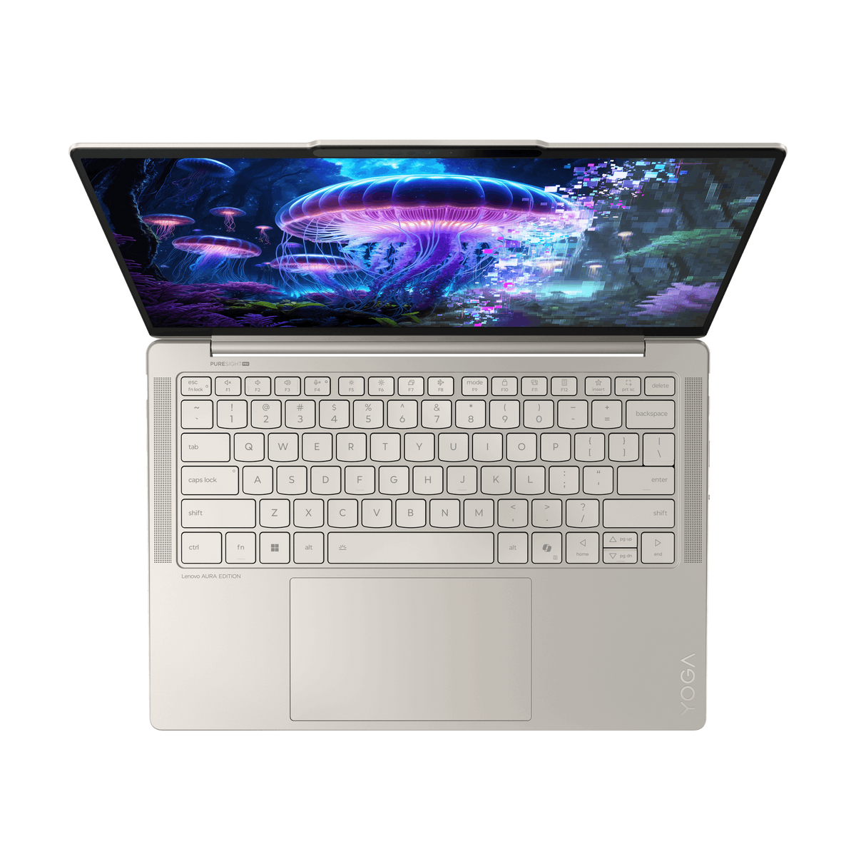Laptop z otwartym ekranem wyświetlającym scenę z meduzami.