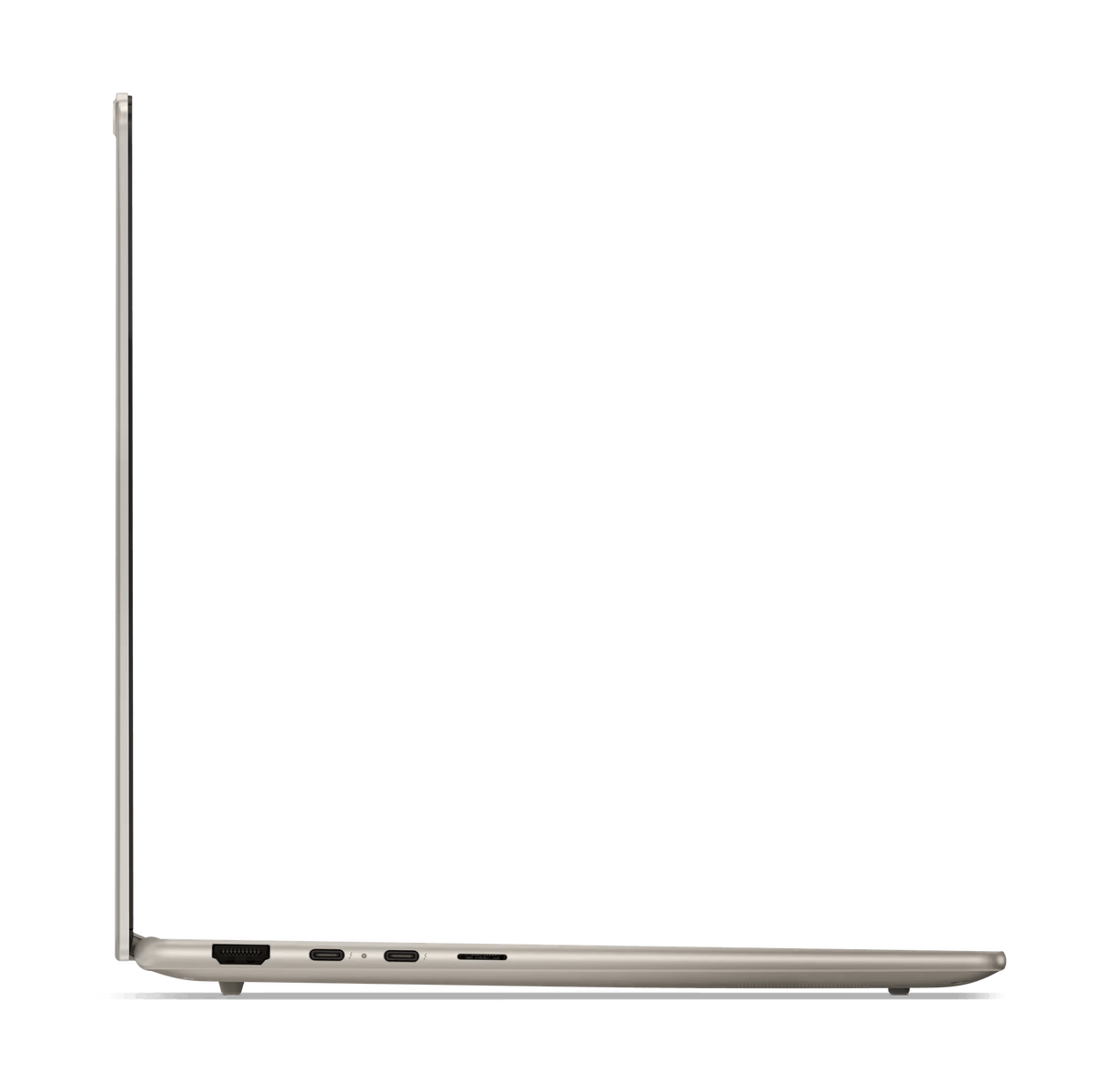 Widok z boku laptopa, pokazujący porty i ekran, na czarnym tle.