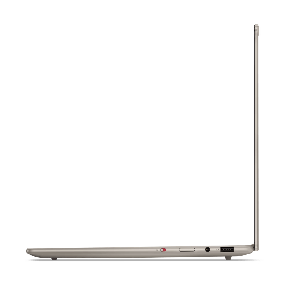 Widok z boku laptopa, otwartego, pokazującego ekran. Jest w jasnobeżowym kolorze.